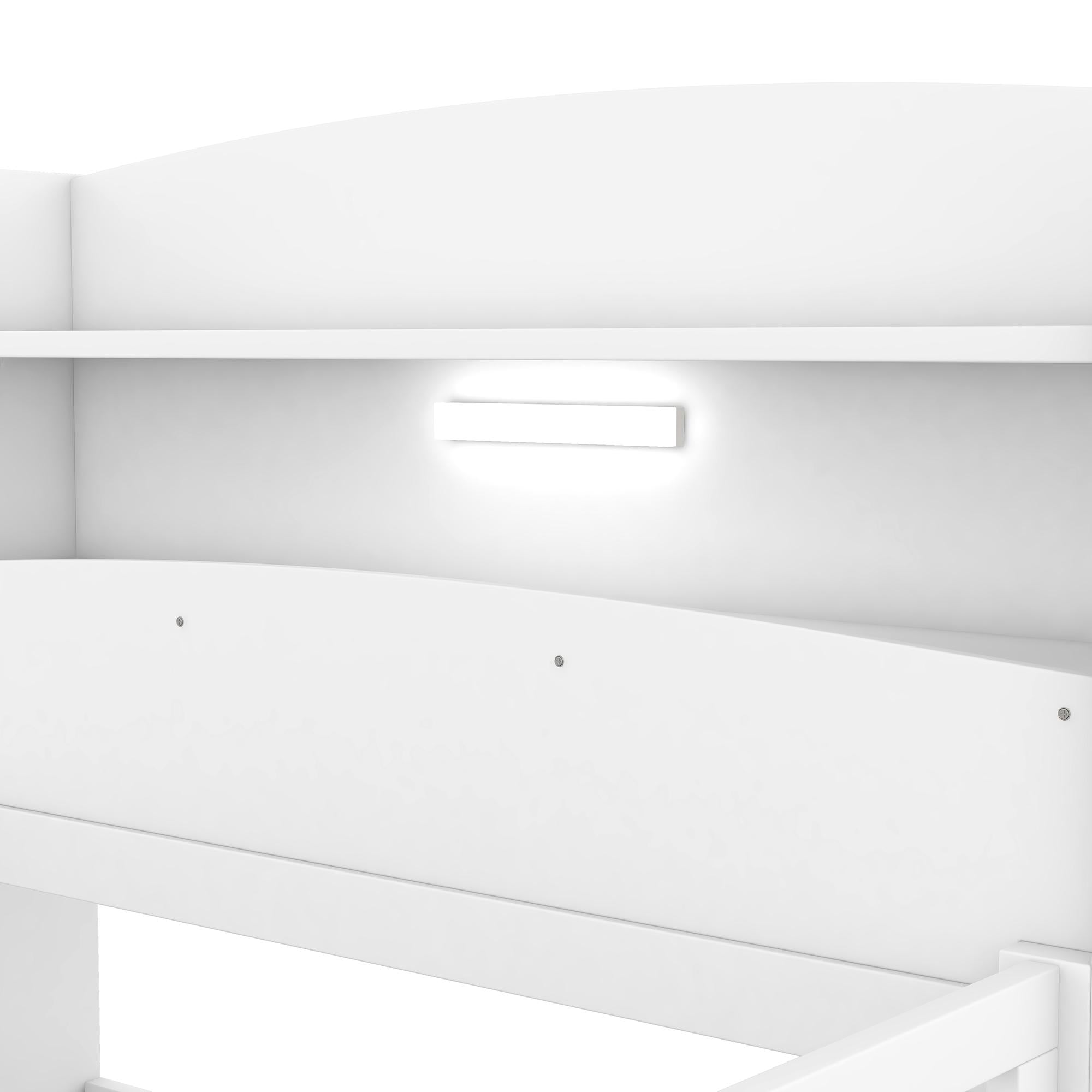 Wood Twin Size Platform Bed with Built-in LED Light, Storage Headboard, Guardrail, and Sturdy Construction, 87" L x 43" W x 31" H, White
