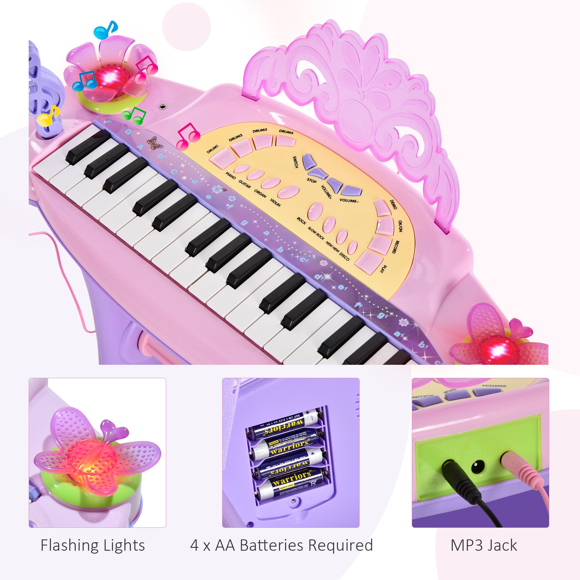 32-Key Princess Electronic Toy Piano for Kids, Educational Keyboard Piano with Stool, MP3, Record, Flashing Lights, Microphone for 3-6 Years, Pink