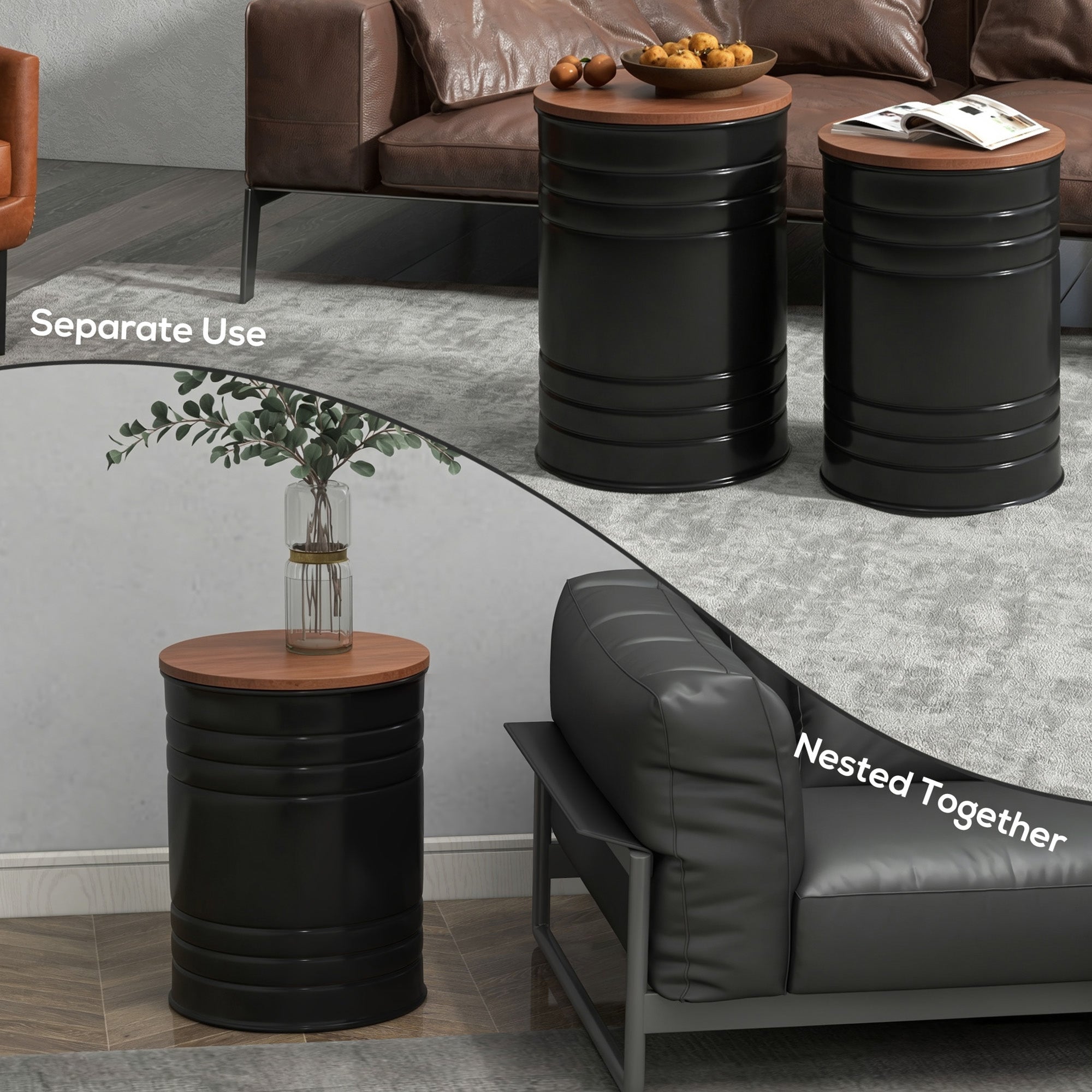 Round Storage Ottoman Set of 2, Nesting Ottomans with Wooden Lid, Metal Frame and Hidden Storage Space for Bedroom
