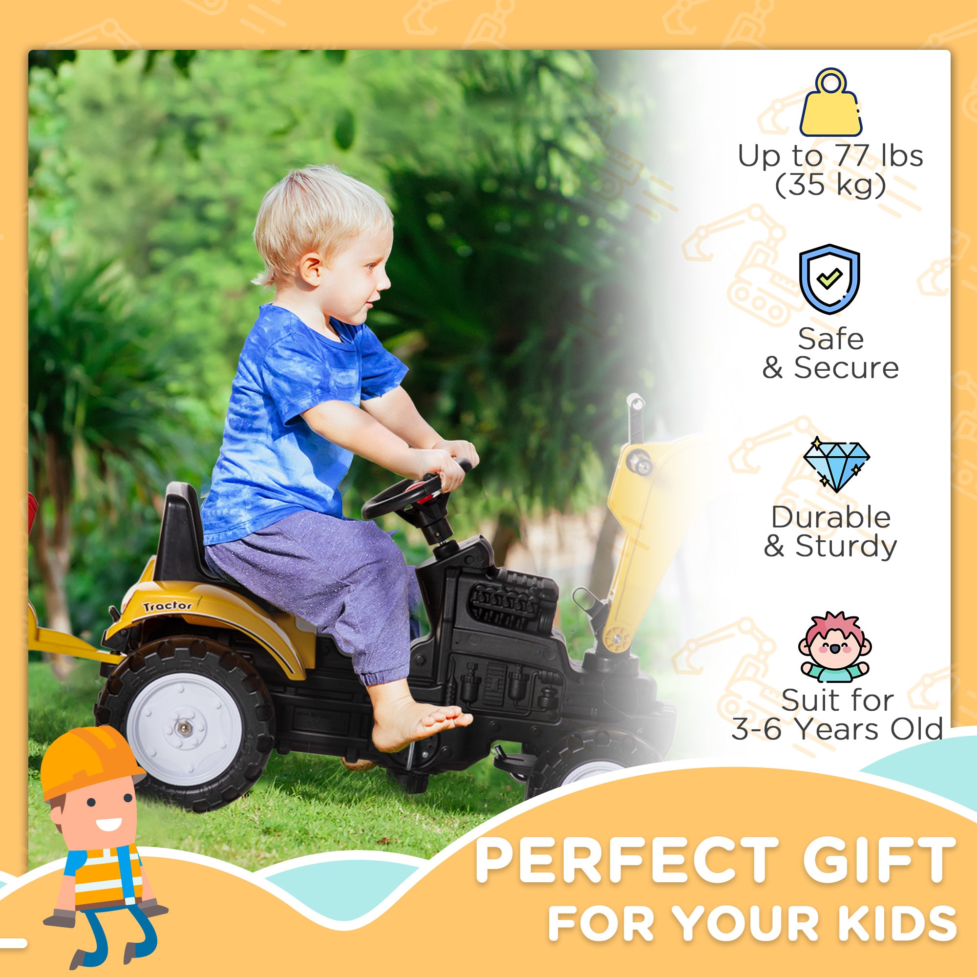 Digger Ride-on Truck Kids Car with Horn, Excavator Ride-on Toy, Imaginative Toy Construction Car, 6 Wheels & Detachable Trailer, Yellow