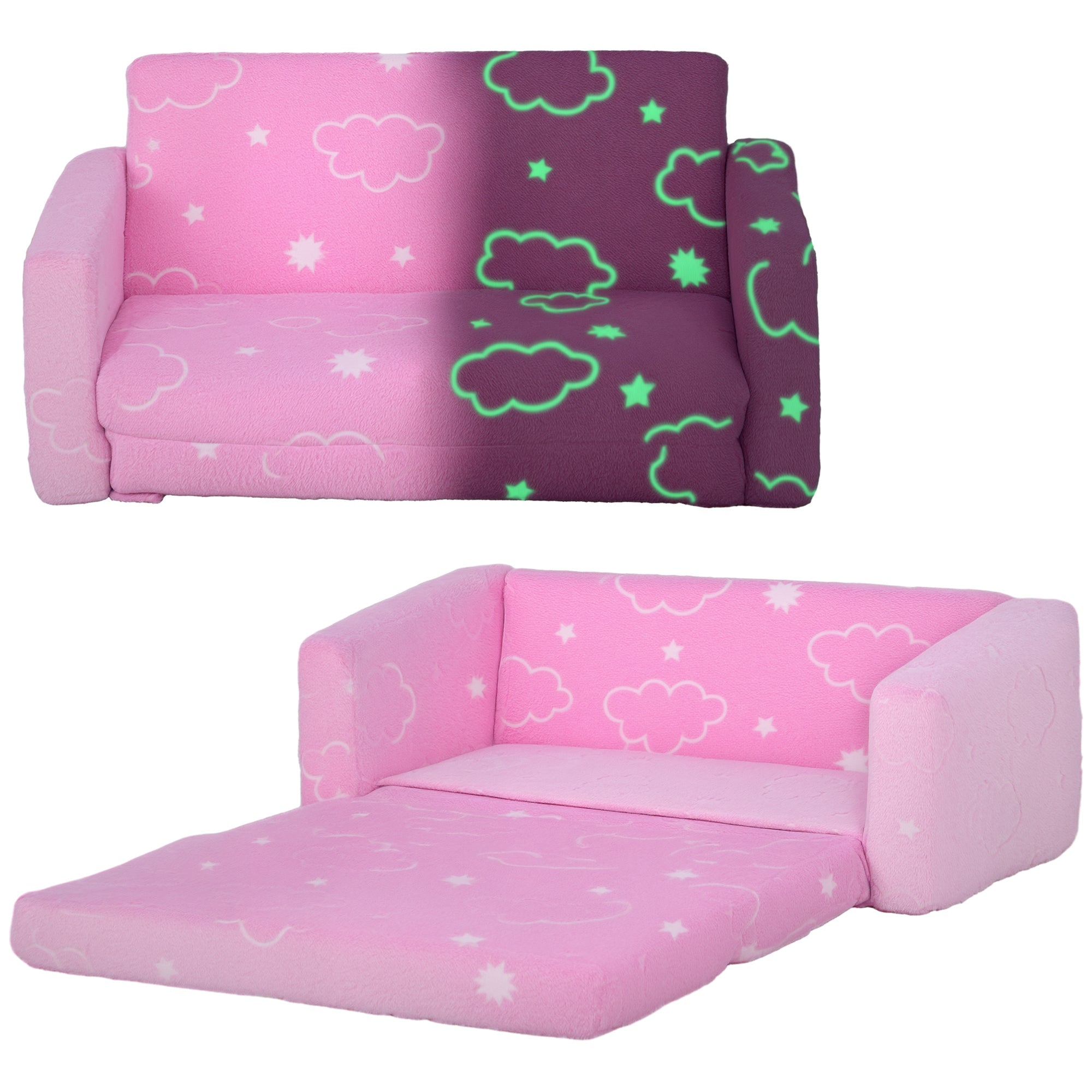 Couch with Glow in the Dark Cloud Pattern, Washable Cover, Pink