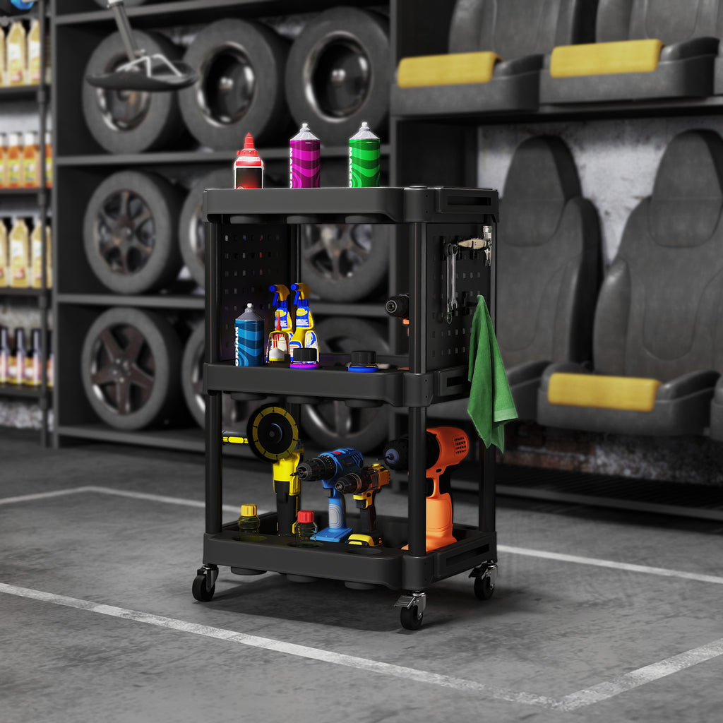 3-Tier Rolling Tool Cart, 200 LBS Capacity Plastic Utility Cart with Side Shelves for Garage, Workshop, Black