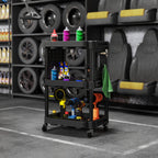3-Tier Rolling Tool Cart, 200 LBS Capacity Plastic Utility Cart with Side Shelves for Garage, Workshop, Black