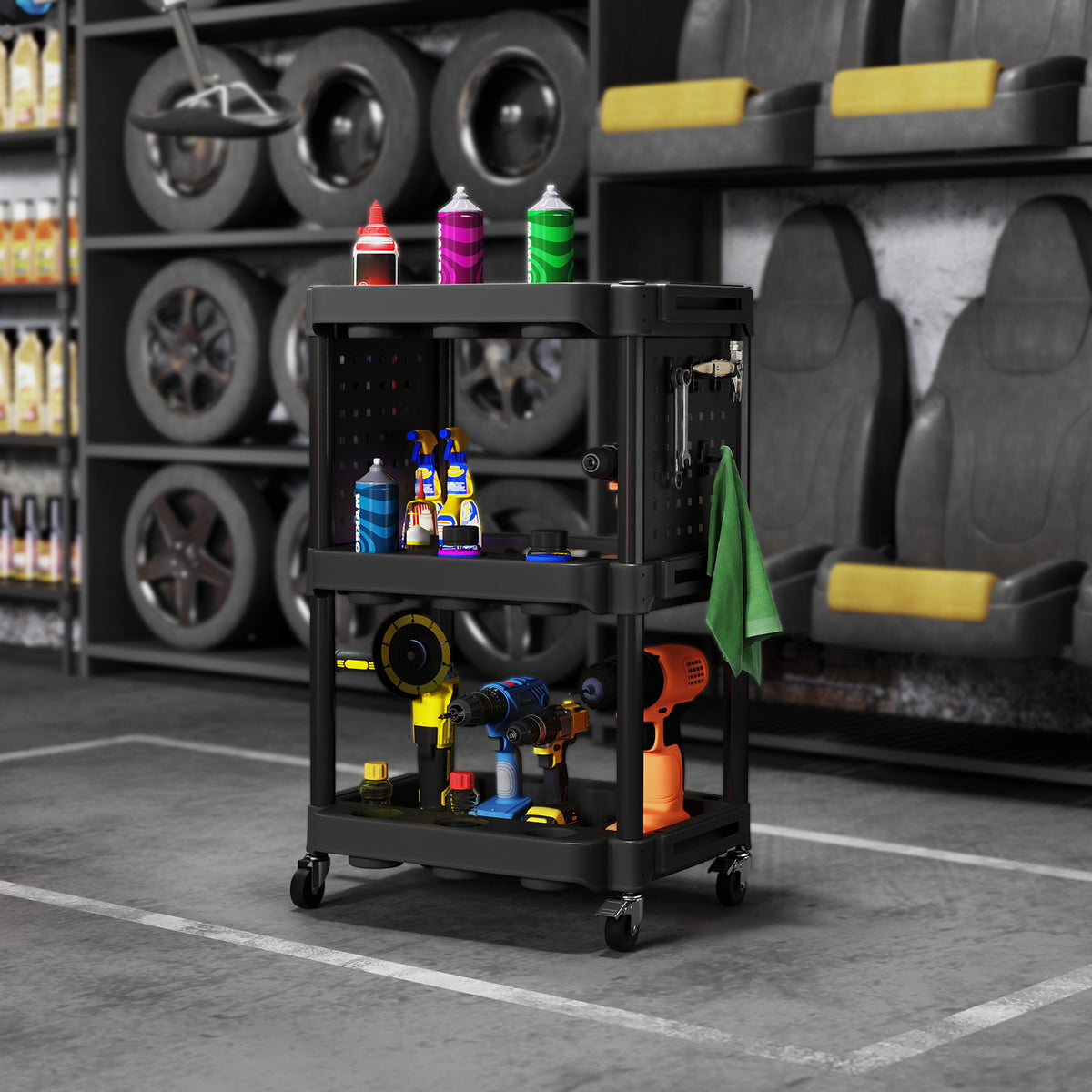 3-Tier Rolling Tool Cart, 200 LBS Capacity Plastic Utility Cart with Side Shelves for Garage, Workshop, Black