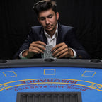 Poker Table Foldable, 72" Blackjack Table for 7 Players with Chip & Cup Holder, Blue Felt
