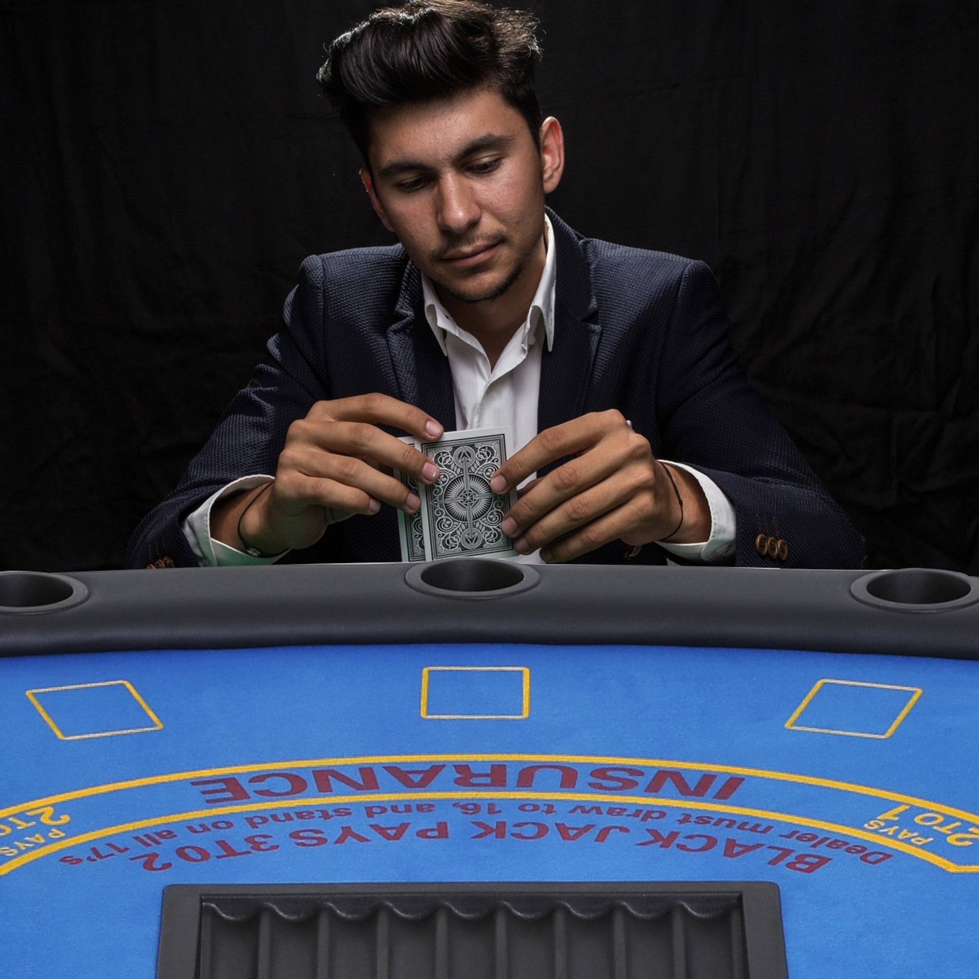 Poker Table Foldable, 72" Blackjack Table for 7 Players with Chip & Cup Holder, Blue Felt