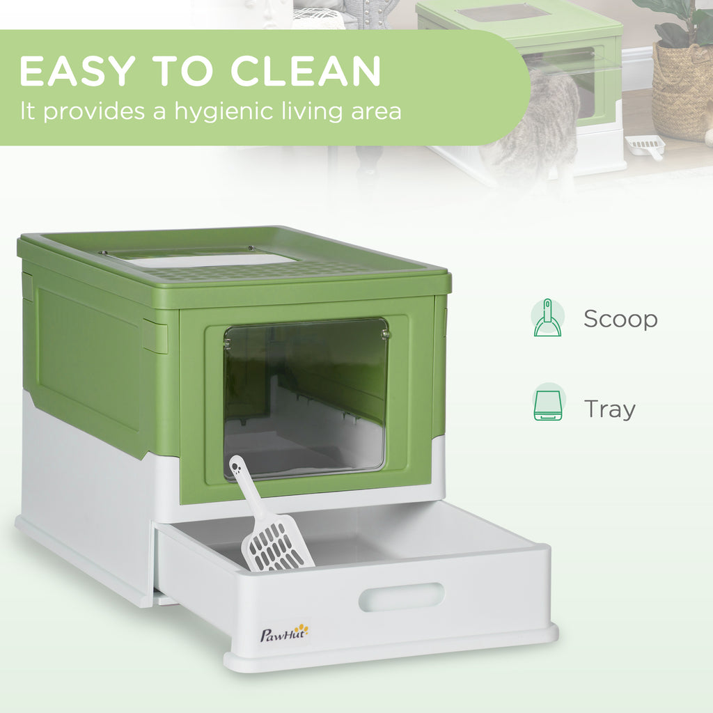 Fully Enclosed Cat Litter Box with Front Entry, Top Exit, Yellowish Green