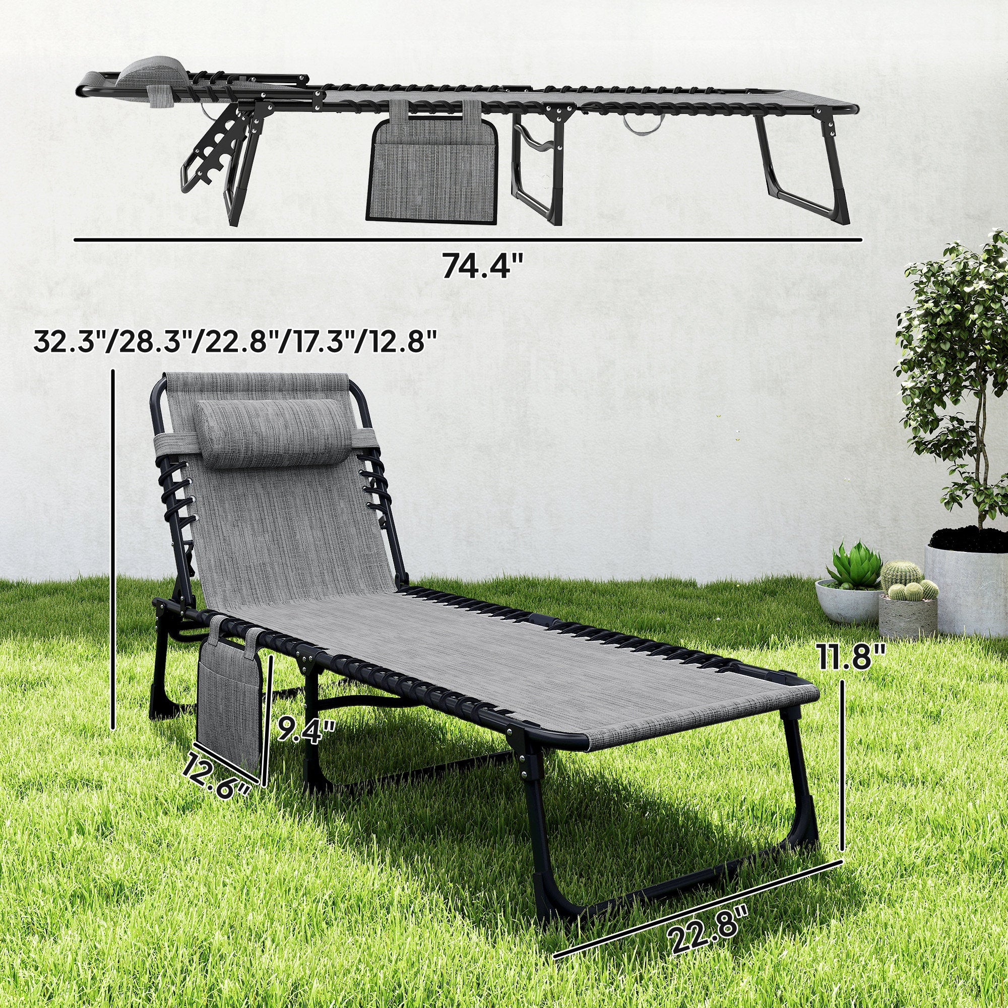 Folding Chaise Lounge Chair Outdoor, Sun Tanning Chair with Side Pocket, Carrying Strap, Portable Patio Beach Lounger with 5-Position Reclining Back, Headrest for Pool, Camping, Yard, Gray