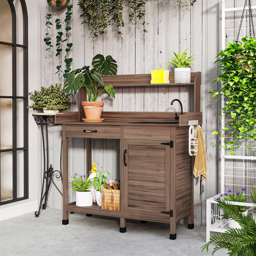 Potting Bench Table with Removable Sink, Outdoor Work Bench Table with Storage Cabinet, Hooks, Faucet and Drawer for Greenhouse, Garden, Patio, Dark Brown