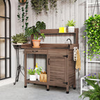 Potting Bench Table with Removable Sink, Outdoor Work Bench Table with Storage Cabinet, Hooks, Faucet and Drawer for Greenhouse, Garden, Patio, Dark Brown