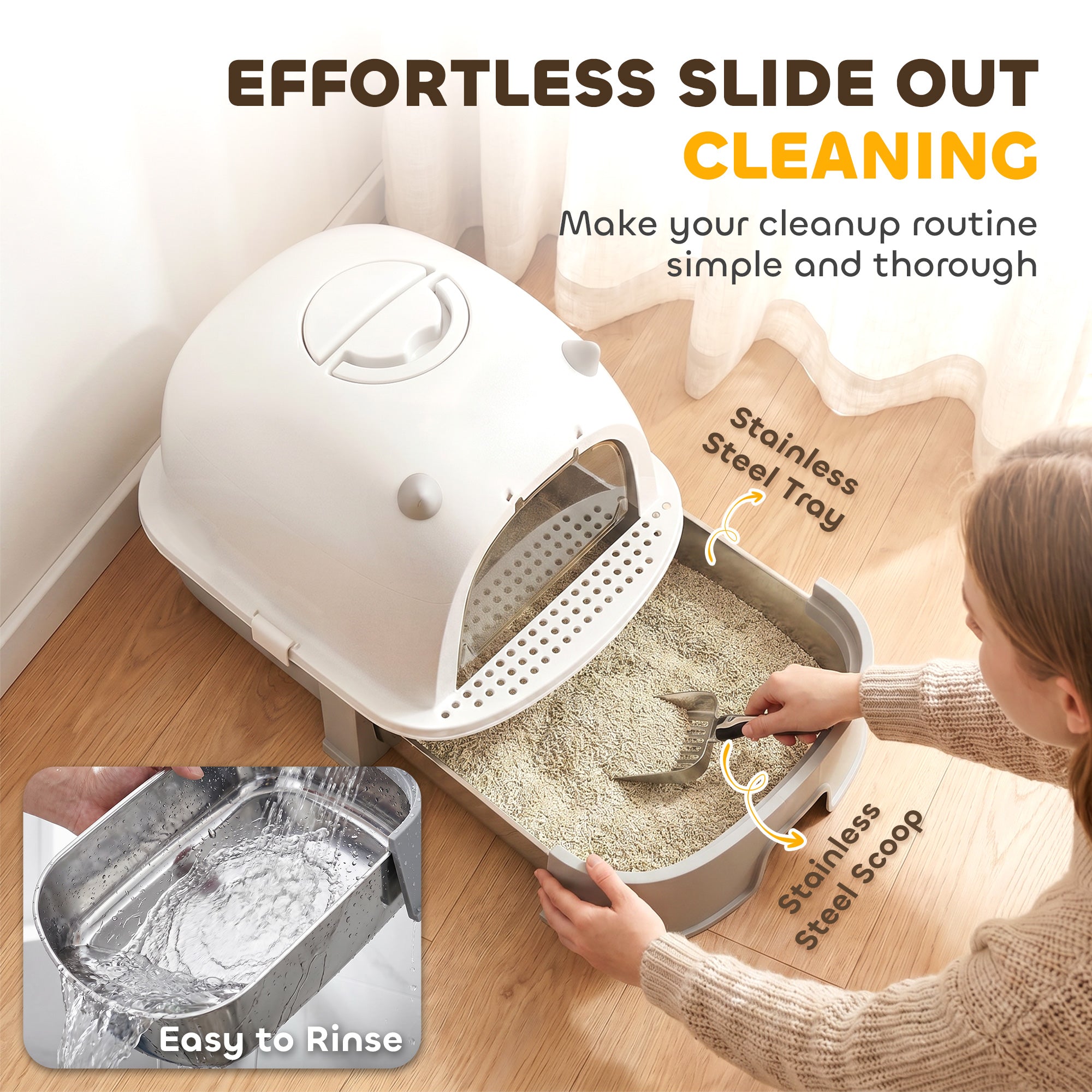 Stainless Steel Cat Litter Box Easy to Clean Kitty Litter Box with Slide-Out Tray Large Gray