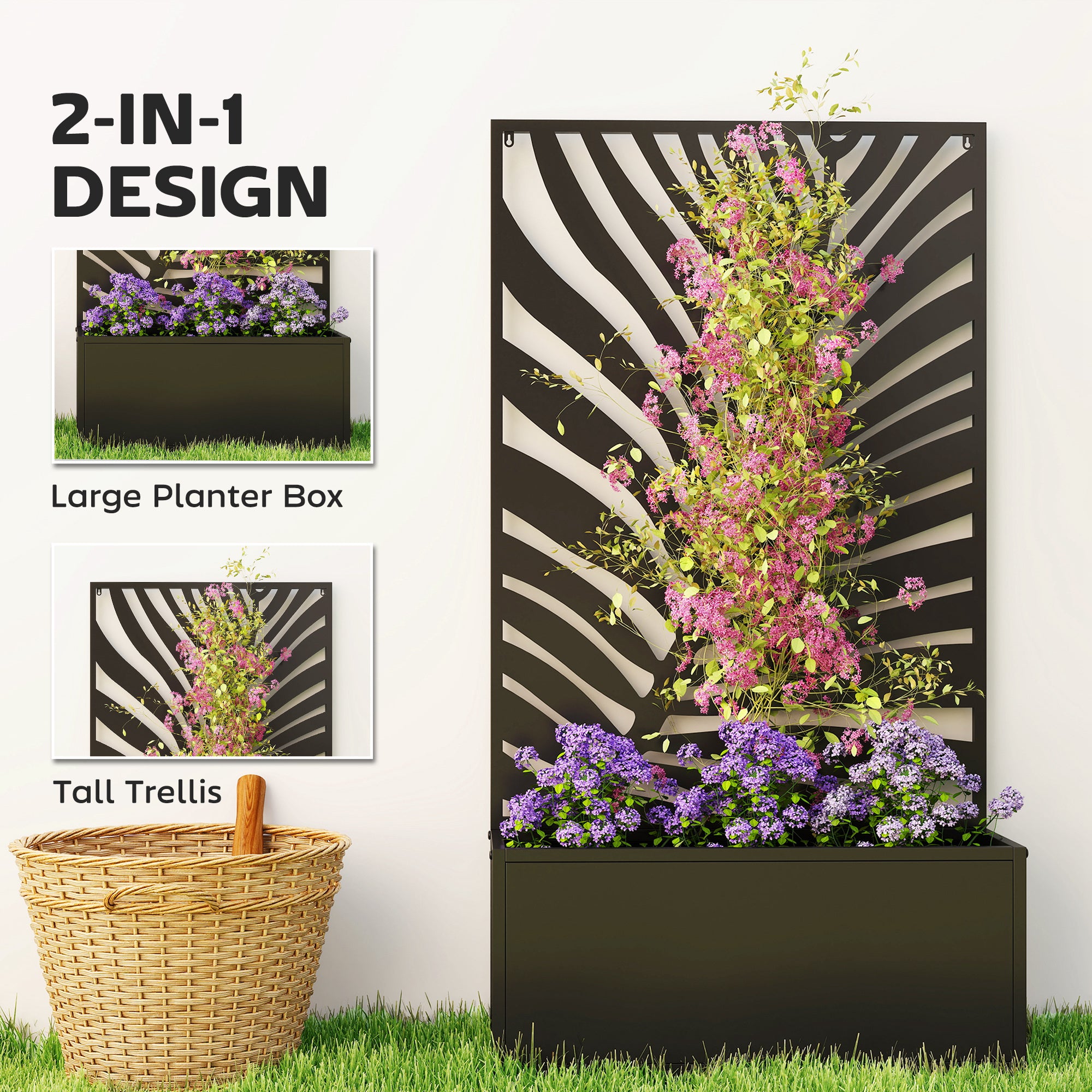 Metal Garden Bed with Trellis for Climbing Plants, Freestanding or Wall Mounted Flower Bed for Garden, Patio, Balcony