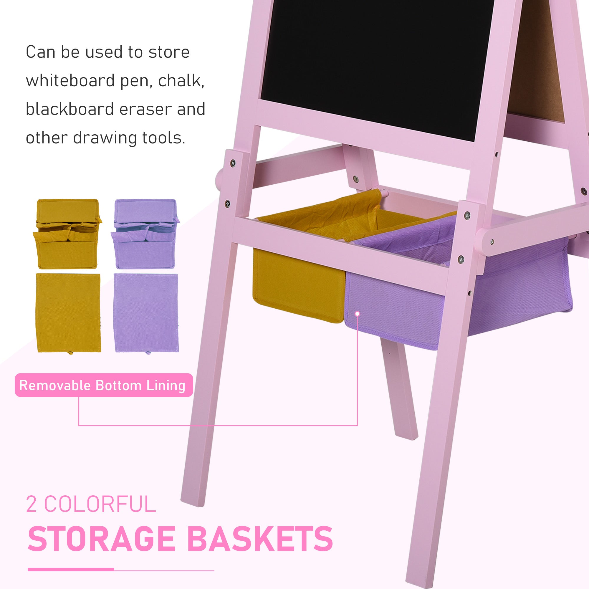 3 In 1 Kids Wooden Art Easel with Paper Roll, Double-Sided, Chalkboard & Whiteboard, Storage Baskets, Pink