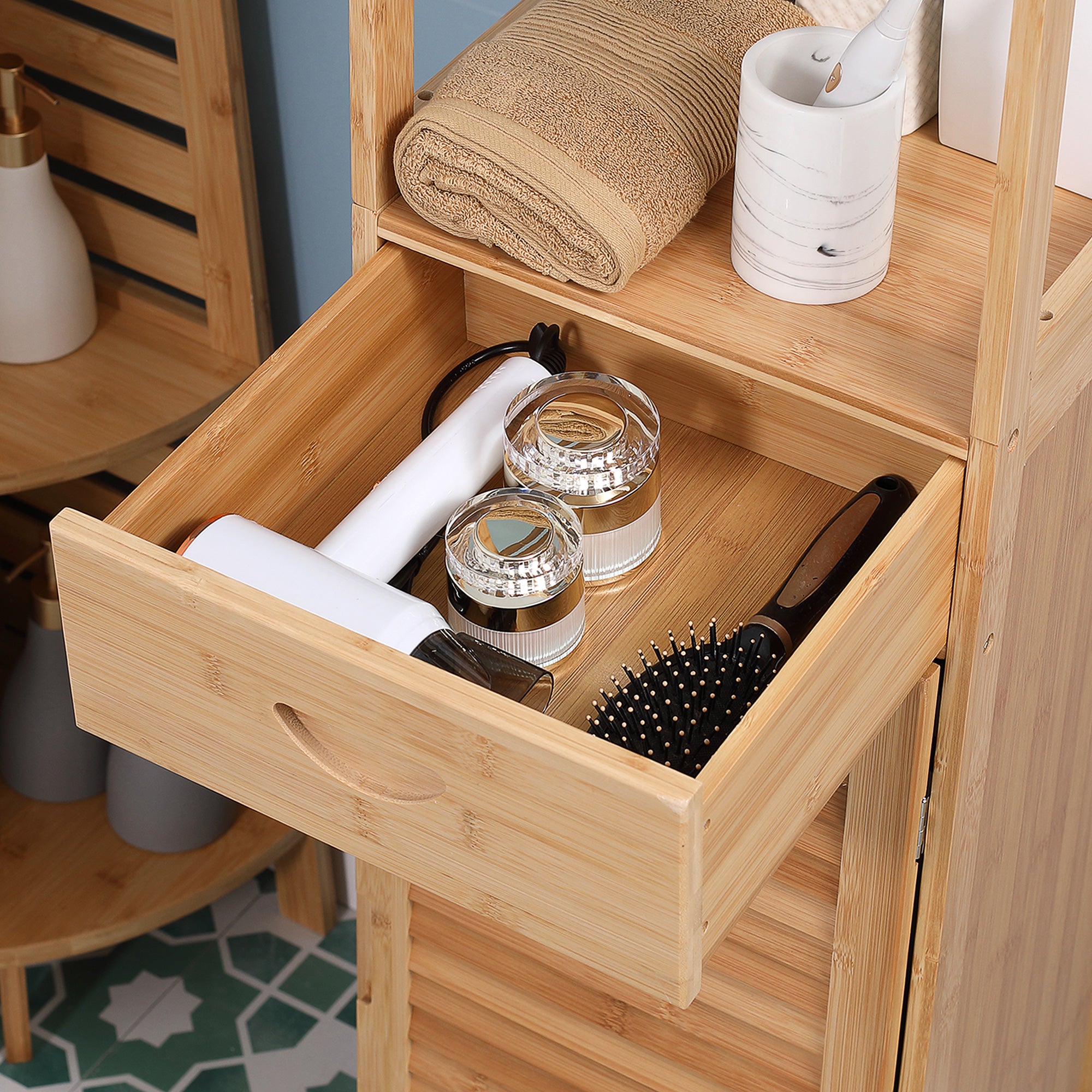 Bathroom Storage Cabinet with Drawer and Slatted Shelves