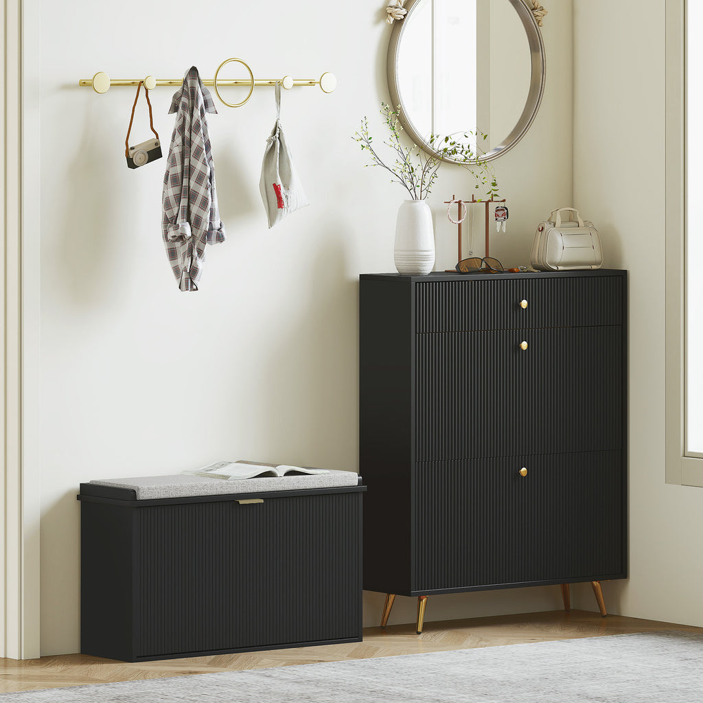 Shoe Storage Bench with Padded Seat Cushion and Flip-Drawer, Entryway Bench, Shoe Cabinet, 31.5x10.2x18.7 Inches, Black