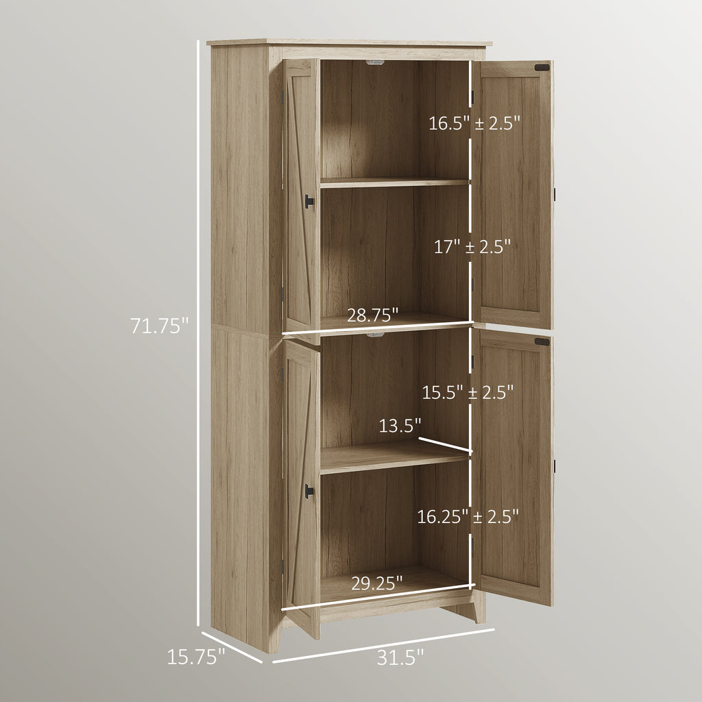 72" Freestanding Kitchen Pantry Cabinet, Farmhouse Tall Storage Cabinet with 4 Door Cabinets and Adjustable Shelves for Dining Room, Natural