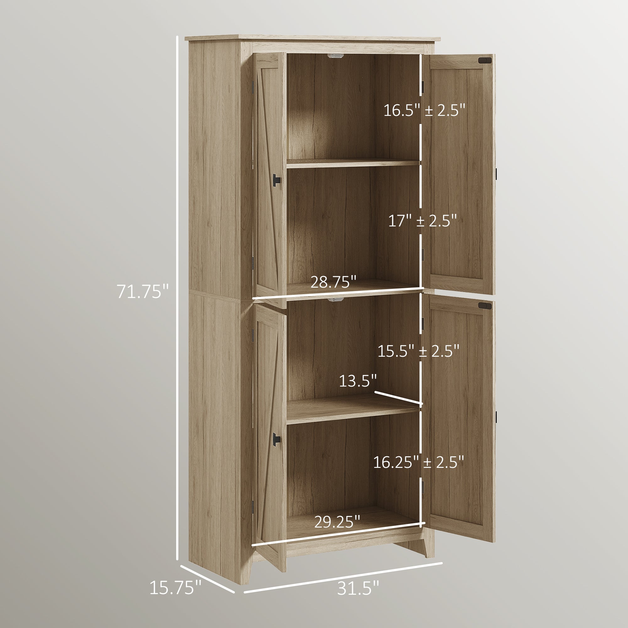 72" Freestanding Kitchen Pantry Cabinet, Farmhouse Tall Storage Cabinet with 4 Door Cabinets and Adjustable Shelves for Dining Room, Natural