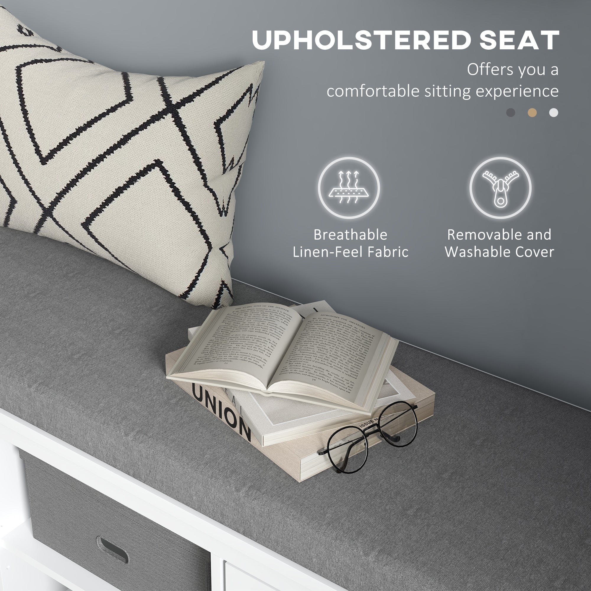 Shoe Storage Bench with Cushioned Seat, Entryway Bench Seat with 2 Cabinets and Adjustable Shelf for Hallway, White