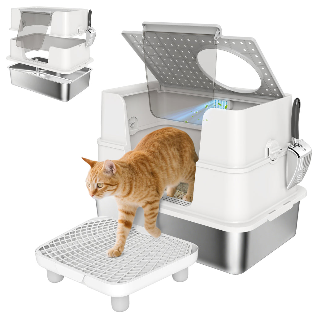 XL Stainless Steel Litter Box w/ 100° Flip Top, Scoop, Step, Top & Side Entry Enclosed Litter Box for Big Cats