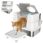 XL Stainless Steel Litter Box w/ 100° Flip Top, Scoop, Step, Top & Side Entry Enclosed Litter Box for Big Cats