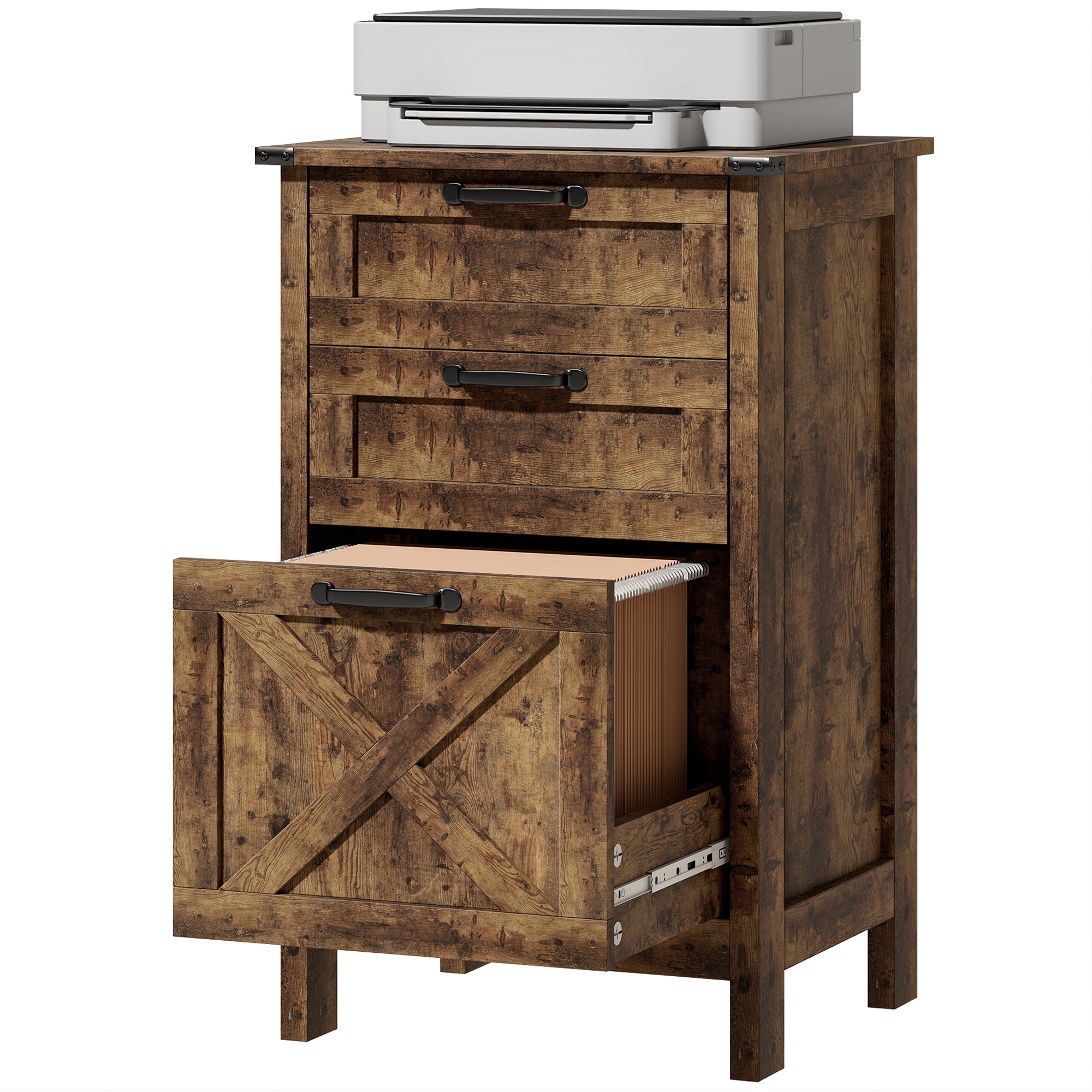 Vertical File Cabinet with 3 Drawers, Rustic Farmhouse Office Storage Cabinet for A4, Letter Size, Rustic Brown