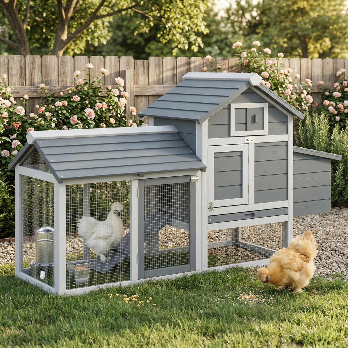 59" Small Wooden Chicken coop Hen House Poultry Cage for Outdoor Backyard with 2 Doors, Nesting Box and Removable Tray, Gray