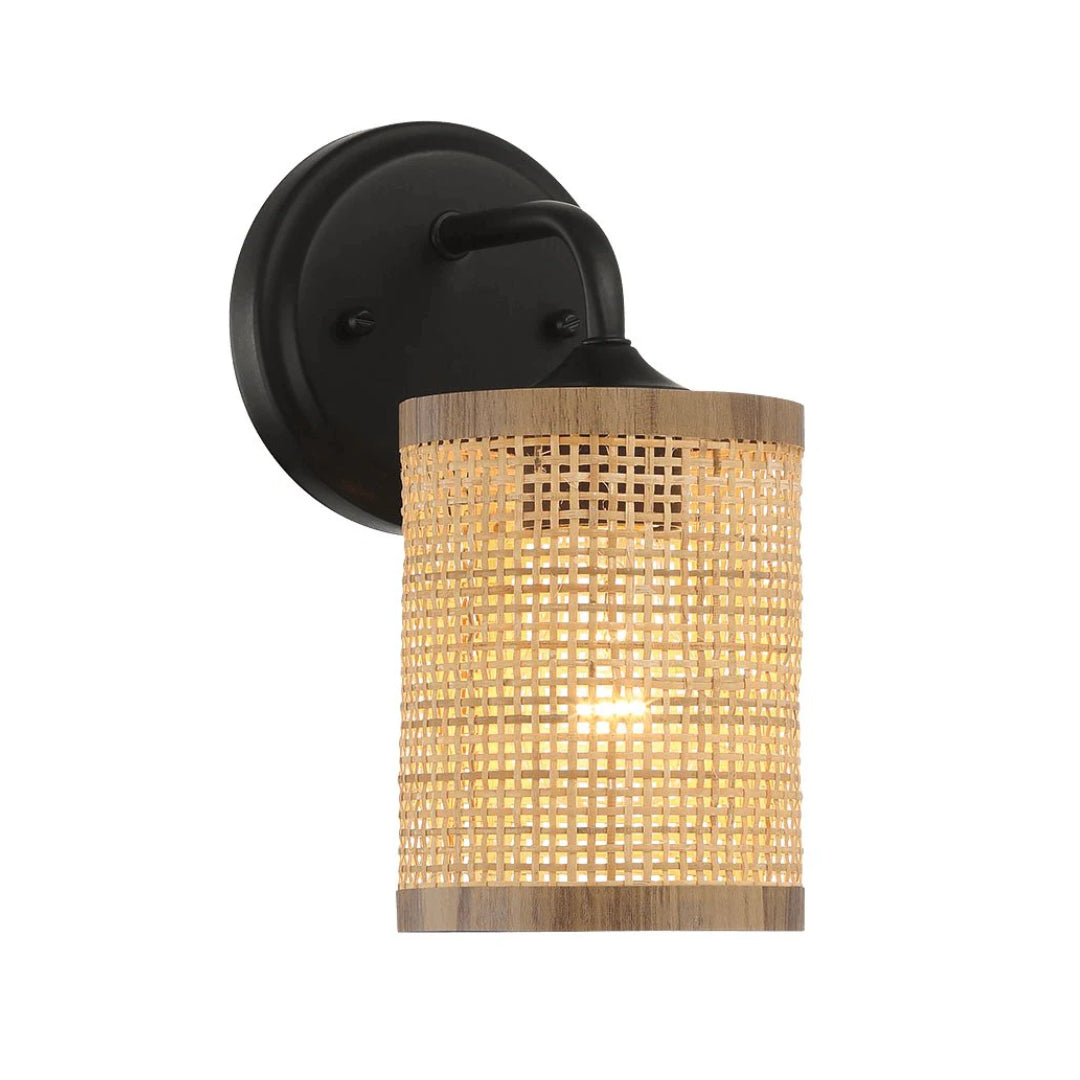 Reef Single Light Wall Sconce with Natural Rattan Shade, Rustic Wicker Wall Light, 5" L x 7" W x 9.5" H, Black+Rattan