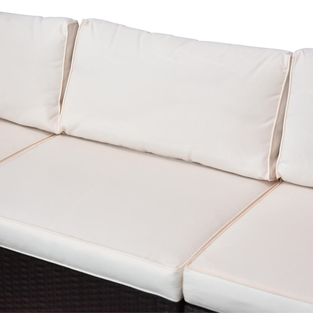 5-Piece Patio Furniture Set with Cushions, Outdoor PE Rattan Wicker Sofa Set, Sectional Furniture with Pillows, Glass Coffee Table for Garden, Backyard, Brown/Cream White