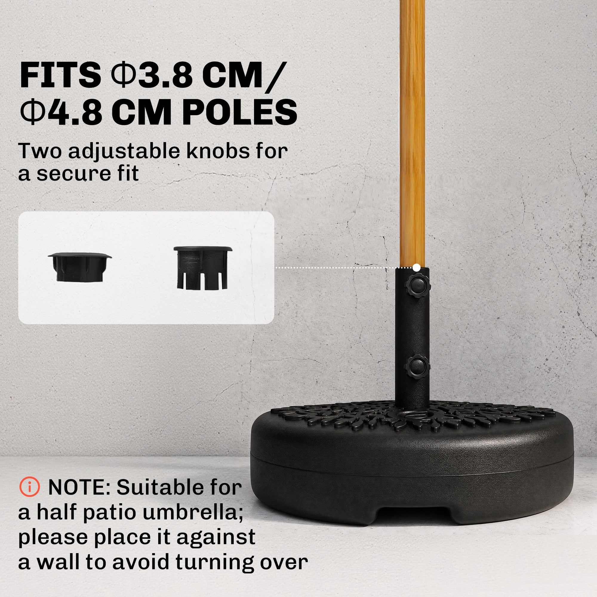 Half Round Umbrella Base, Sand or Water Filled Half Patio Umbrella Stand Holder for Lawn, Deck, Backyard and Garden, 40lb Capacity Water or 46lb Capacity Sand, Fit 1.5"or 2" Pole, Black