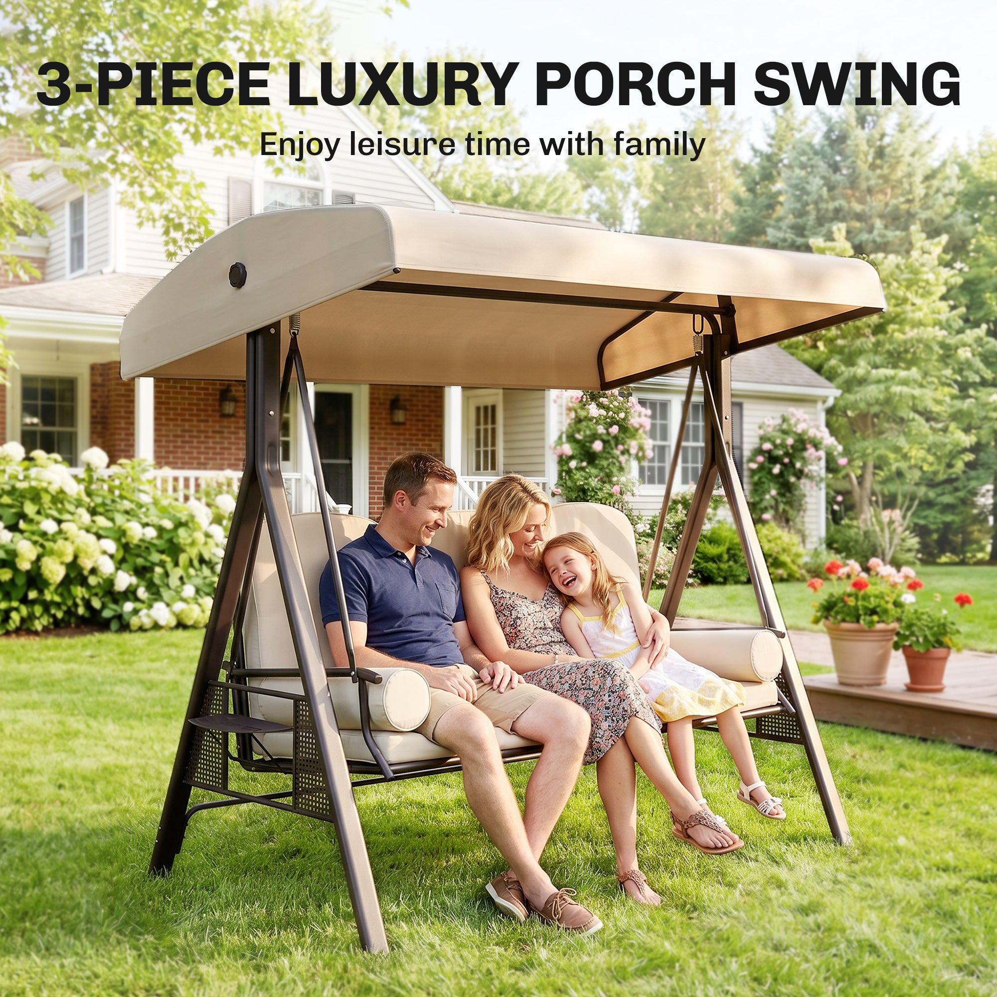 3-Seat Patio Swing Chair, Outdoor Porch Swing Glider with Adjustable Canopy, Removable Cushion, Pillows and Side Trays, for Garden, Poolside, Backyard, Beige