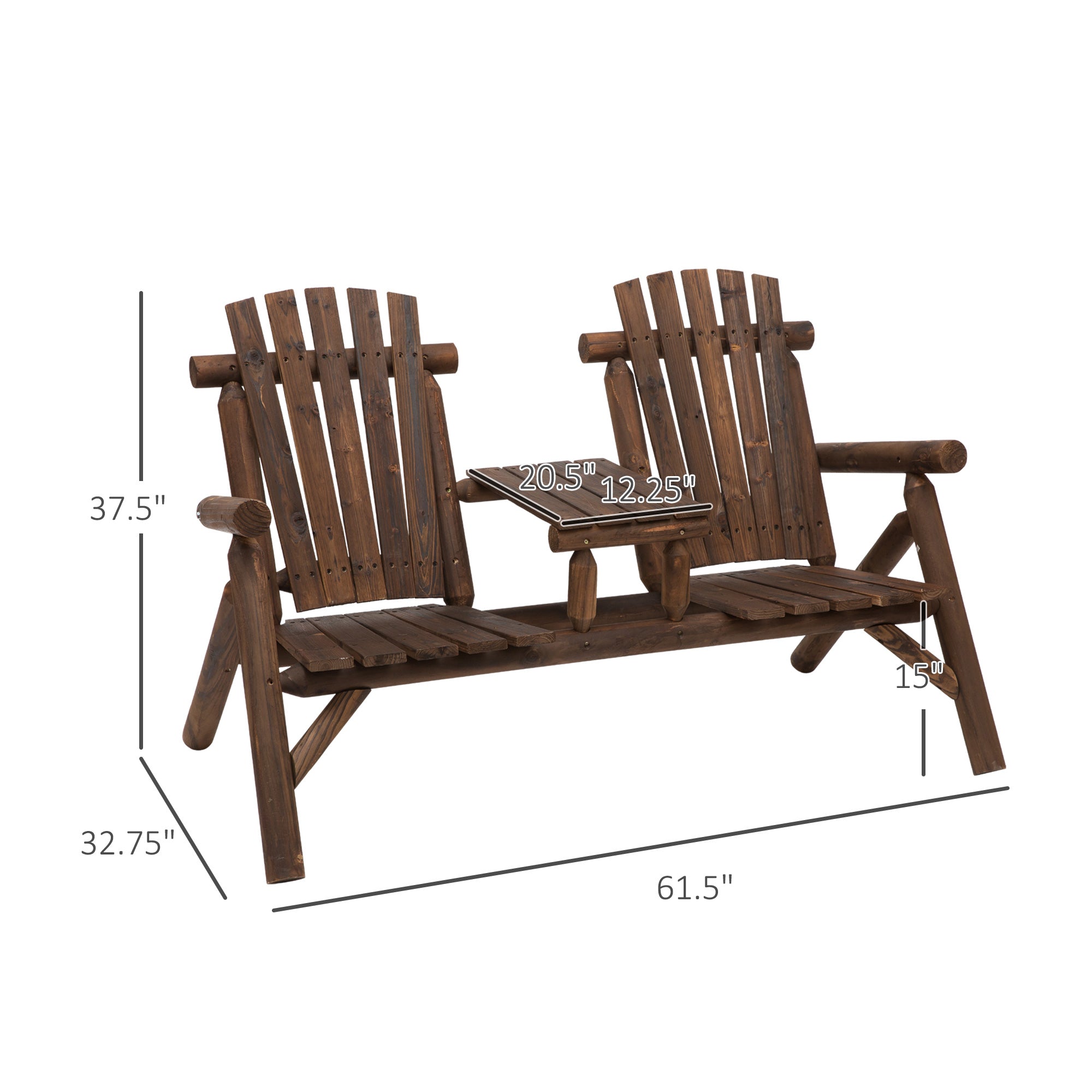 Wood Adirondack Patio Chair Bench with Center Coffee Table, Perfect for Lounging and Relaxing Outdoors Carbonized
