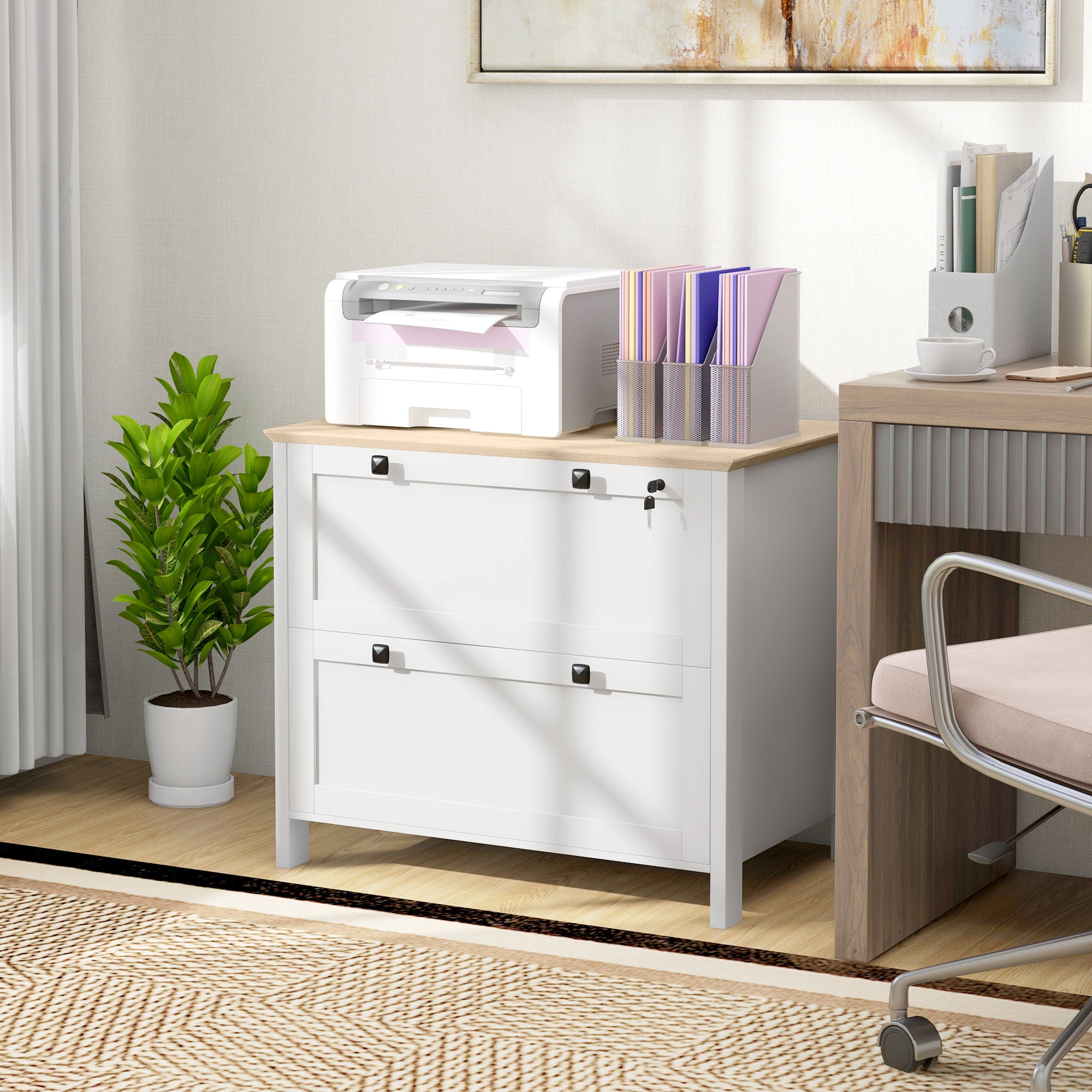 Lateral File Cabinet, 2 Drawer Filing Cabinet with Adjustable Hanging Bar for Letter, A4 and Legal Size, White