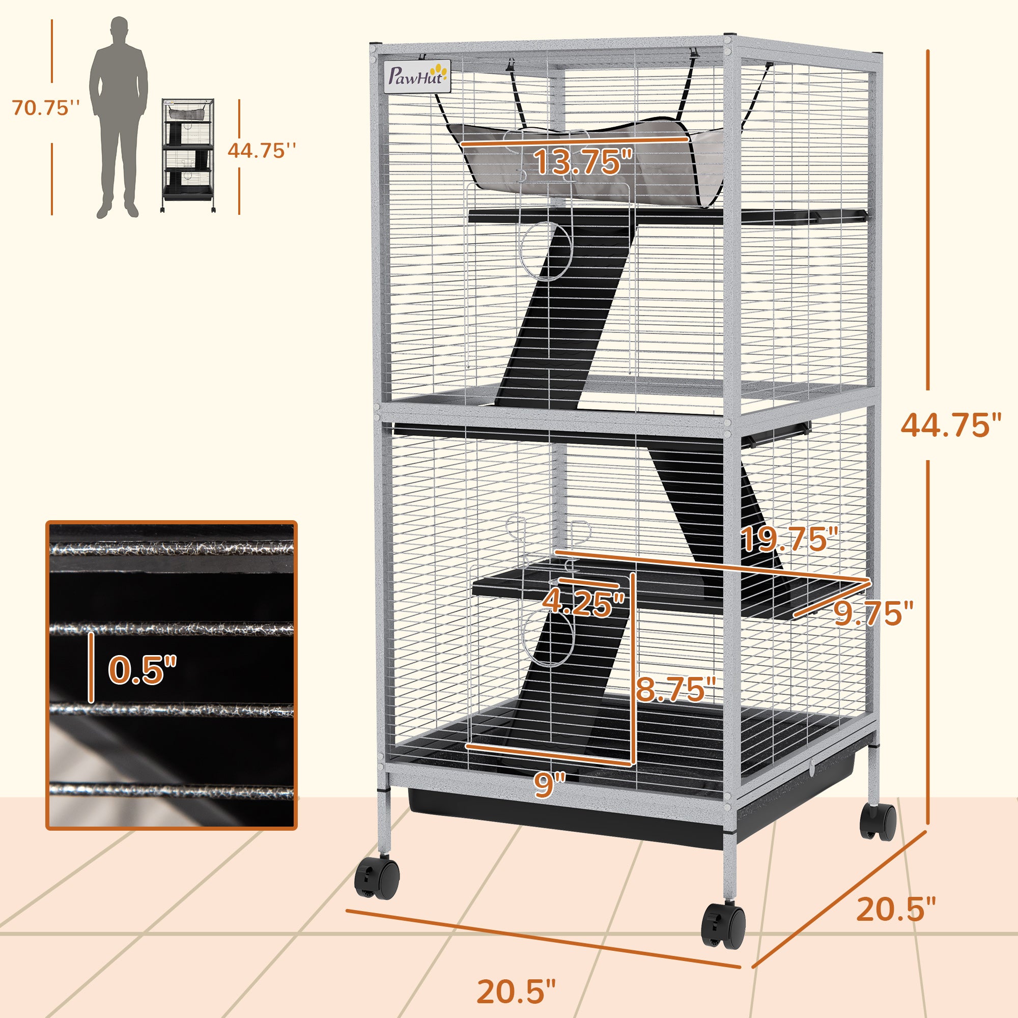 45" H Rolling Small Animal Cage with Hammock, Ferret Cage, Chinchilla Cage, Pet Habitat with 6 Doors, Removable Tray