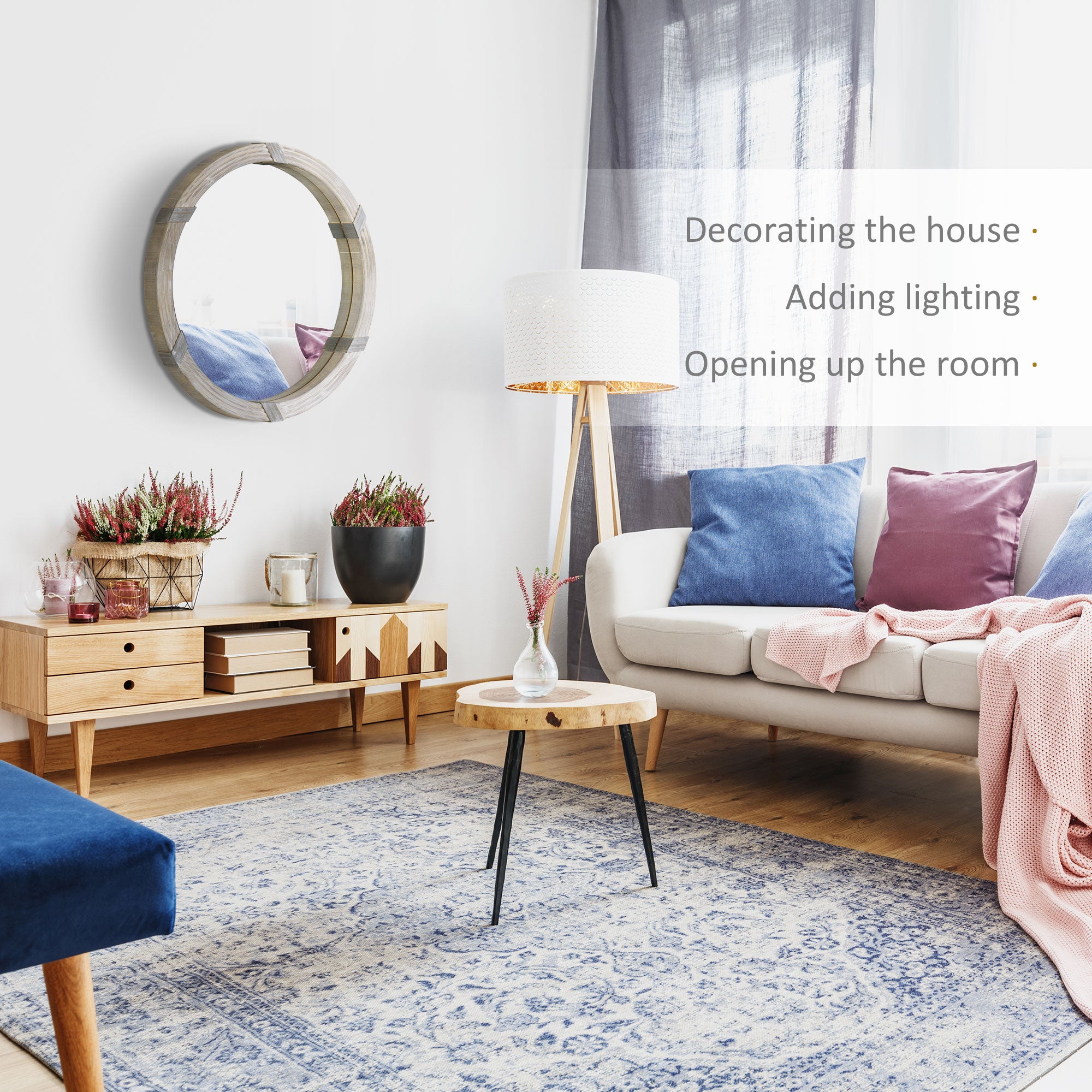 30.75" Wood Wall Mirror, Farmhouse Decorative e Round Mirror for Wall Decor in Living Room, Bedroom, Natural Wood Color