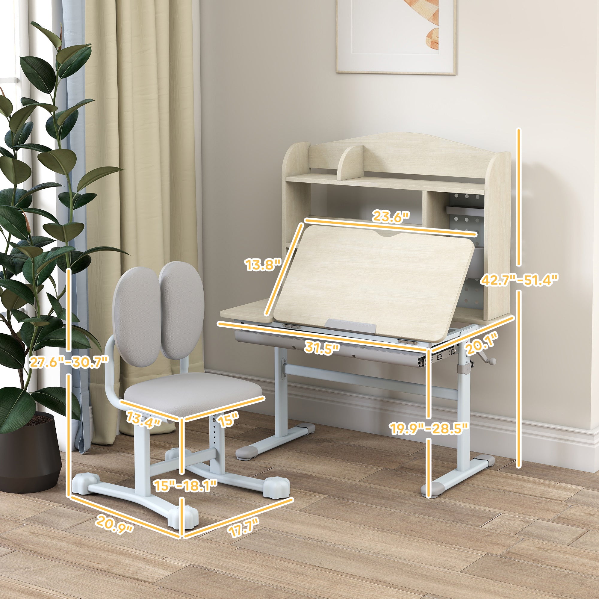 Kids Study Desk and Chair Set with Adjustable Height, Tiltable Desktop, Hutch and Drawer for Ages 3-12, Gray