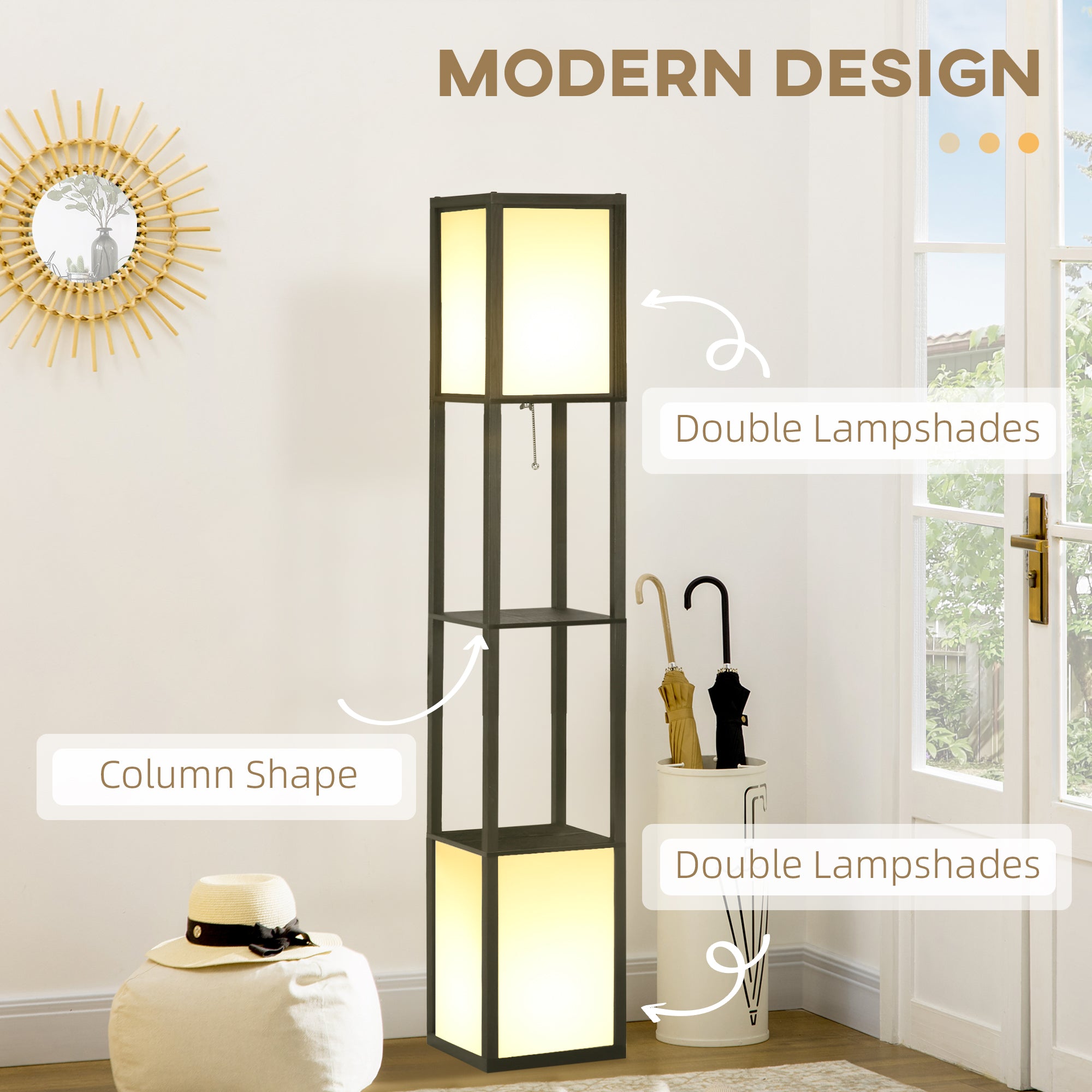 Modern Shelf Floor Lamp with Dual Ambient Light, Standing Lamp Living Room, Bedroom, 10.25"x10.25"x61.5", Black