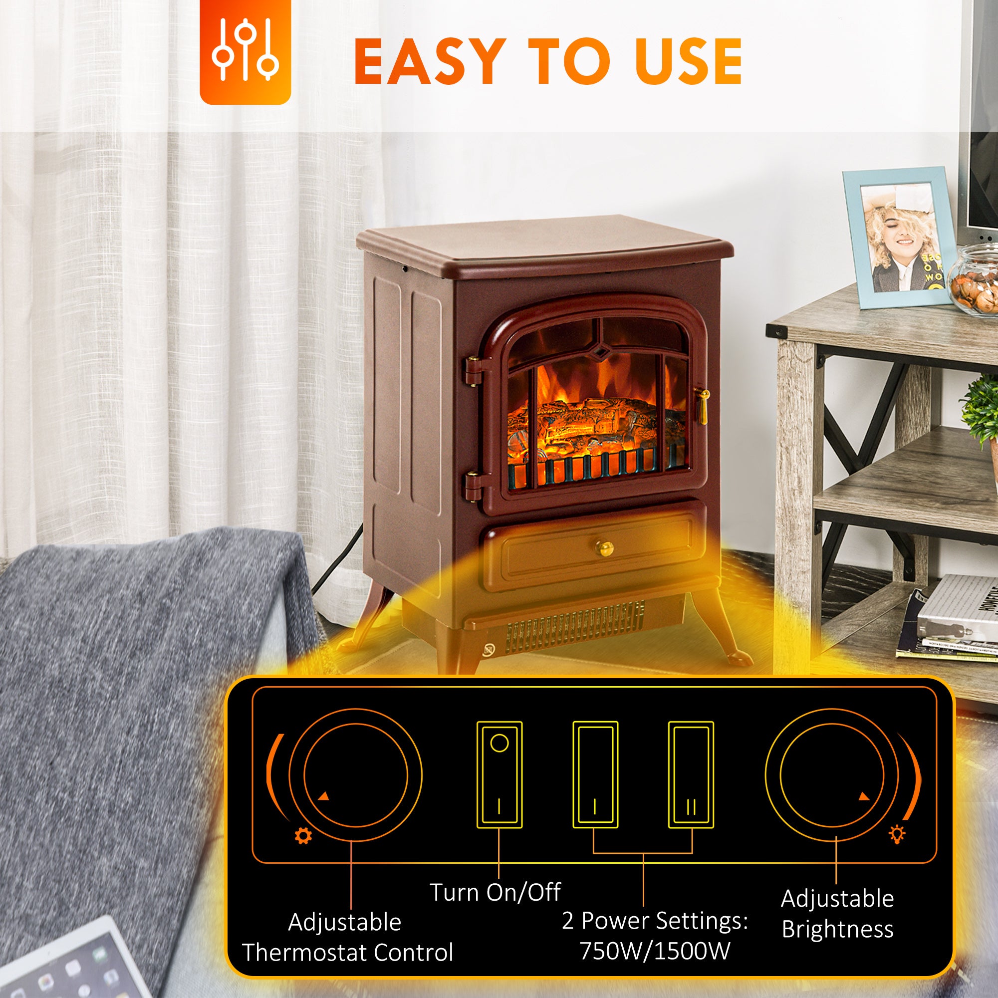 22" Electric Fireplace Heater, Freestanding Fire Place Stove with Realistic LED Flames and Logs, and Overheating Protection, 725W/1450W, Red