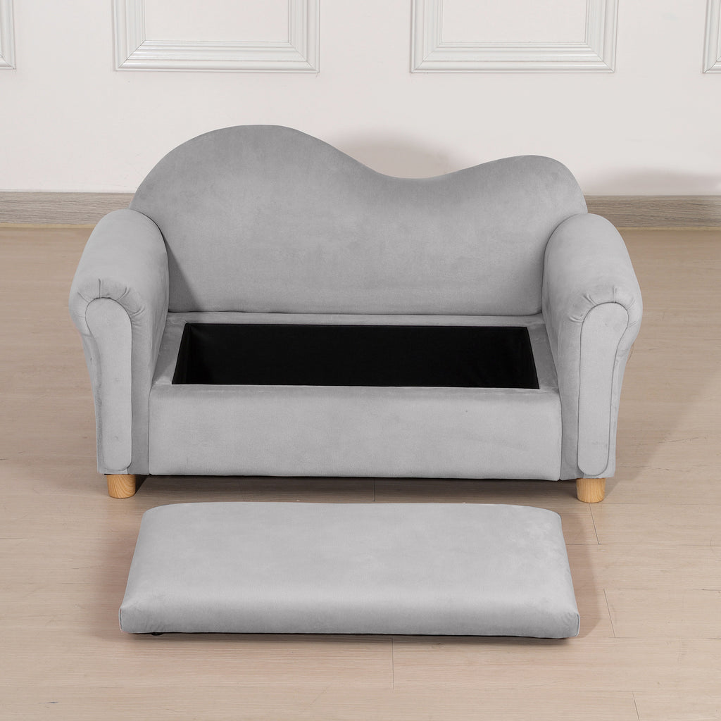 Ergonomic Foam Kids Sofa with Inner Toy Storage Chest, Velvet Kids Couch with Soft Arms, Children's Lounge Furniture, 33" x 16.25" x 19", Gray