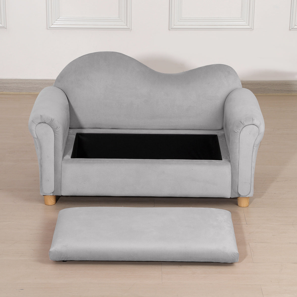Ergonomic Foam Kids Sofa with Inner Toy Storage Chest, Velvet Kids Couch with Soft Arms, Children's Lounge Furniture, 33" x 16.25" x 19", Gray