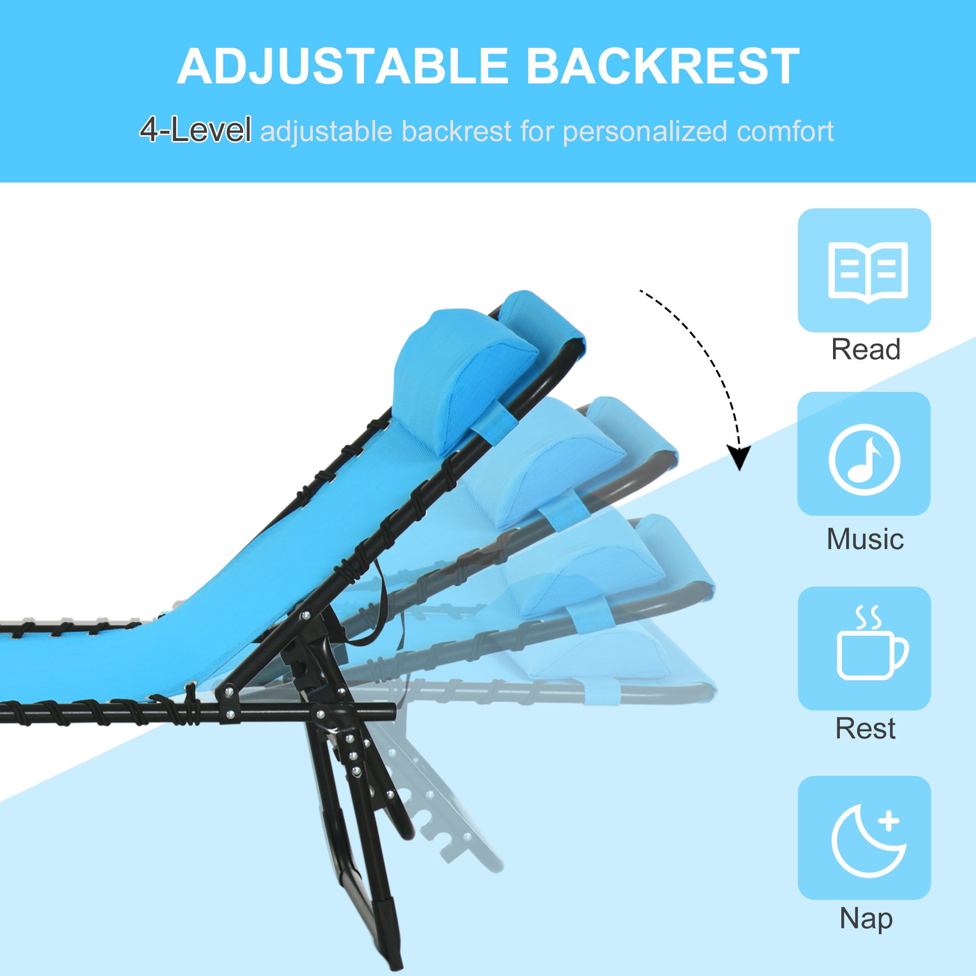 Set of 2 Folding Chaise Lounge Chairs, Outdoor Sun Tanning Chairs with Reclining Back, Sky Blue