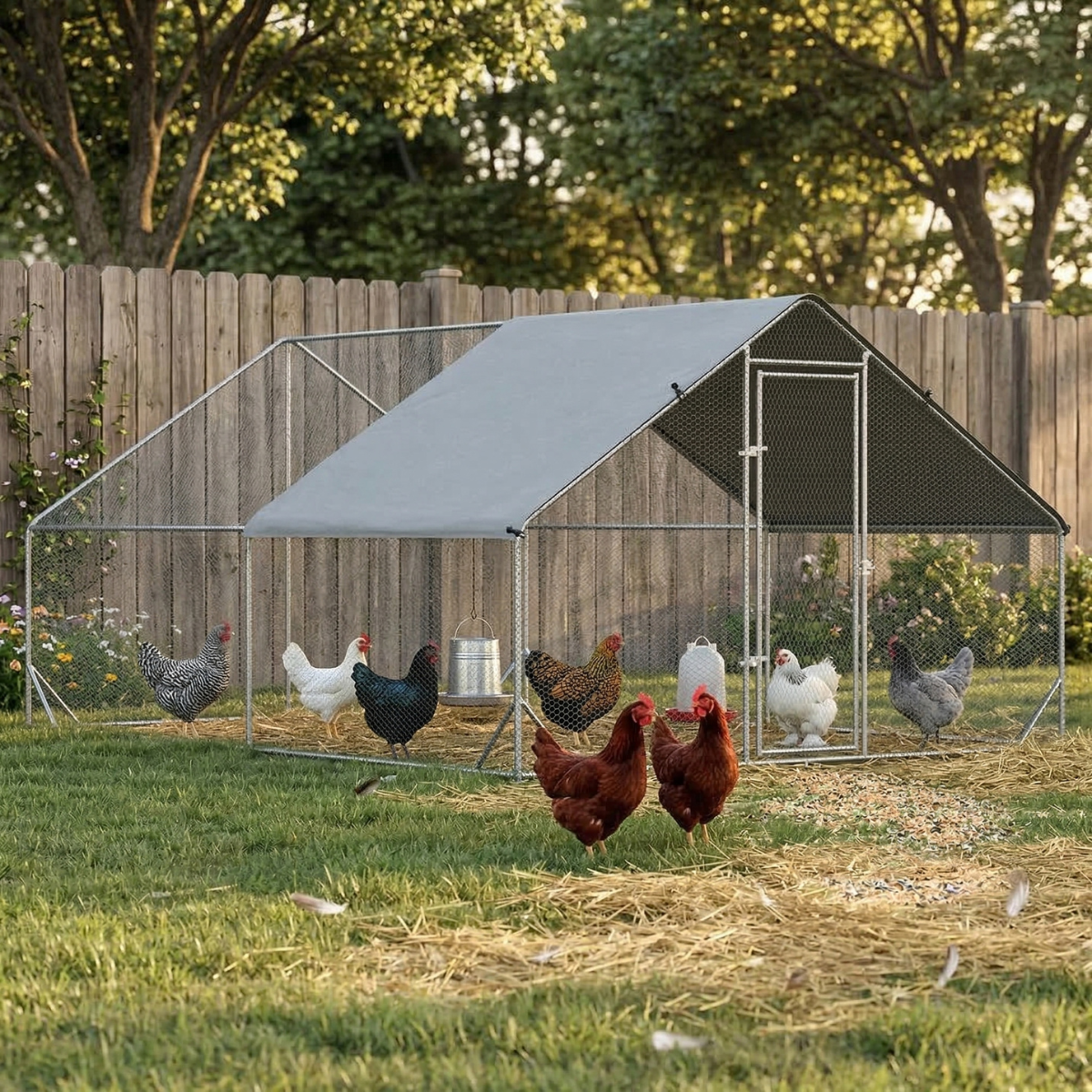 Large Chicken Coop Metal Chicken Run with Waterproof and Anti-UV Cover, Spire Shaped Walk in Fence Cage Hen House for Outdoor and Yard Farm Use, 1" Tube Diameter, 9.8' x 13.1' x 6.6'