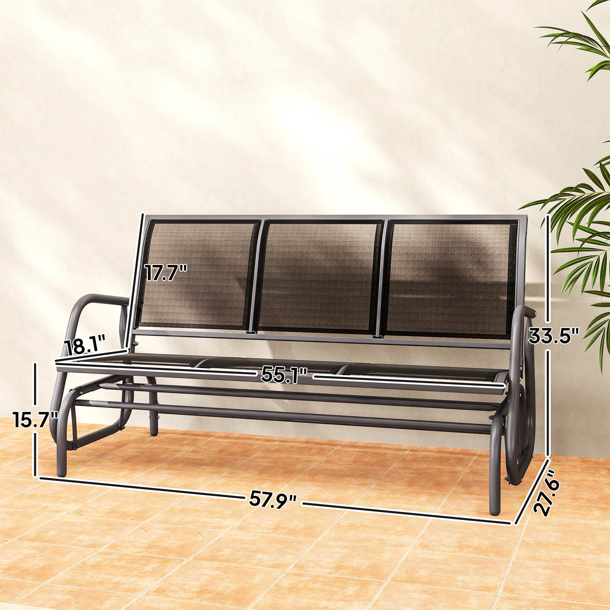 3-Person Outdoor Patio Glider Bench, Porch Glider Swing with 3 Seats, Breathable Mesh Fabric, Metal Frame, Black