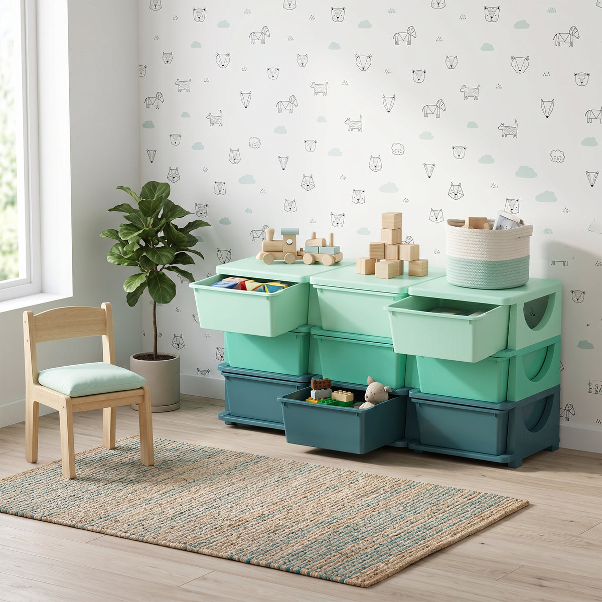 3 Tier Kids Storage Organizer with 9 Drawers for Bedroom, Nursery, Kindergarten, Living Room, Boys and Girls, Green