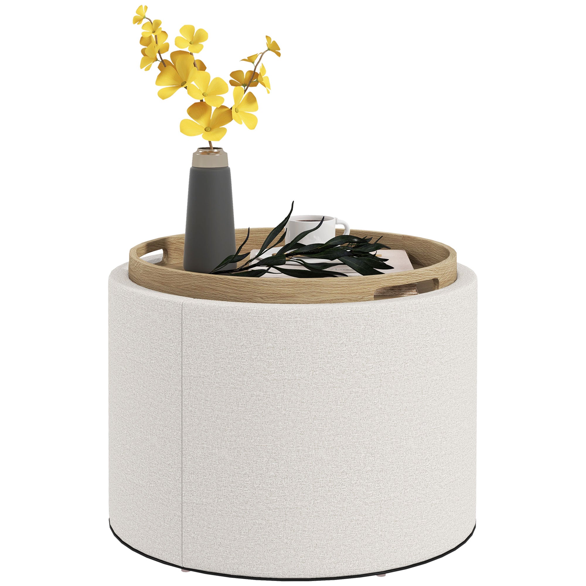 Round Storage Ottoman Coffee Table with Flip Top Tray, Linen Fabric Upholstered Footstool with Hidden Compartment