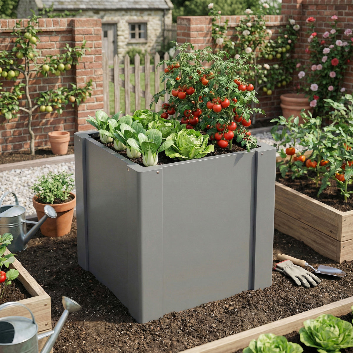 Raised Garden Bed Galvanized Planter Box Outdoor with Gloves for Gardening Vegetables, Flower, Herb, 1.4 x 1.4 x 1.5 ft, Gray