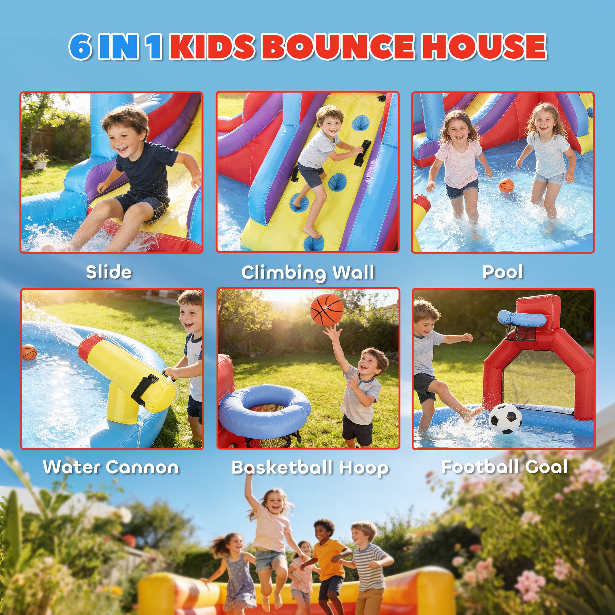 Inflatable Water Slide 6 in 1 with 480W Blower, Bounce House with Climbing Wall, Splashing Pool, Basketball Hoop