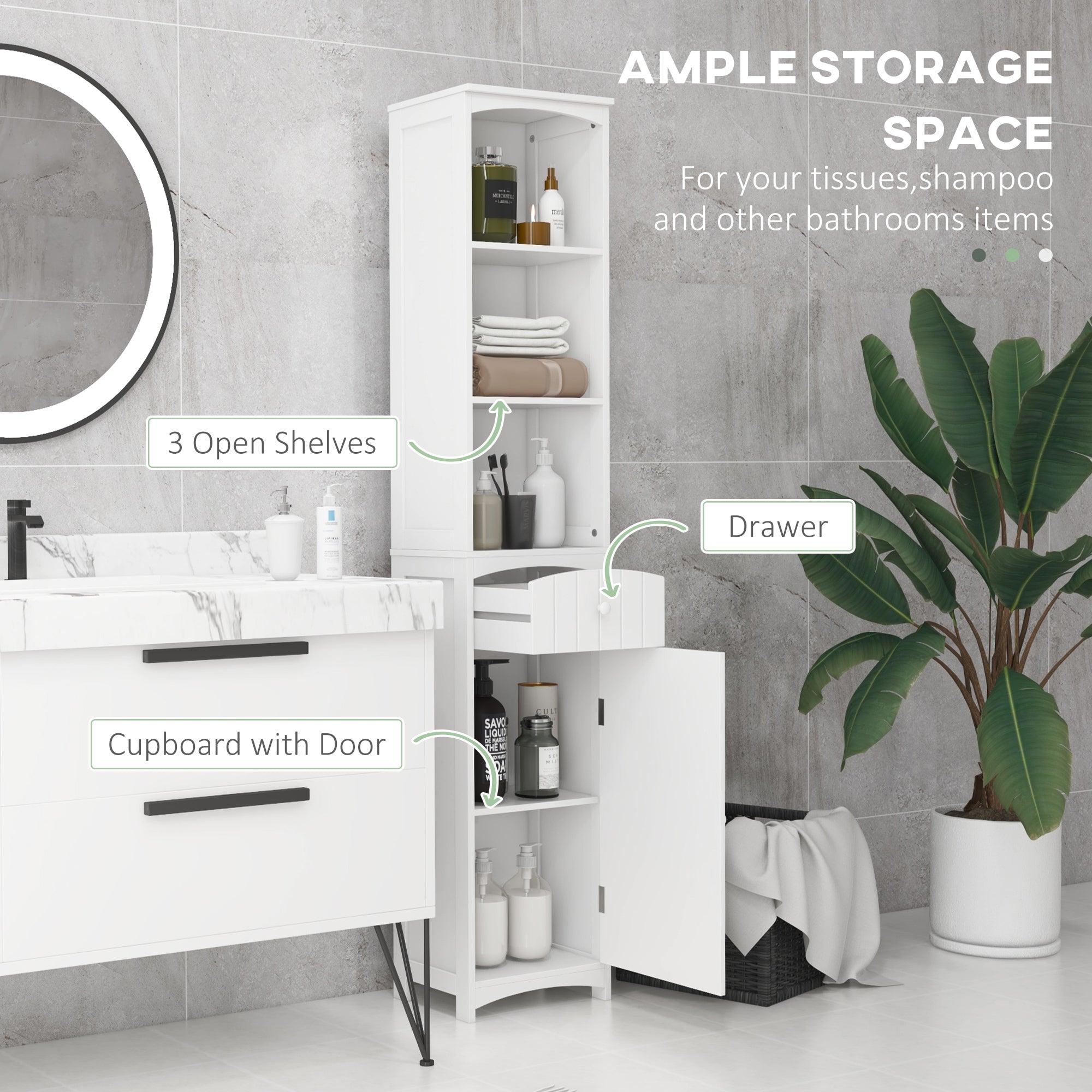 Bathroom Storage Cabinet, Free Standing Bathroom Storage Unit, Tall Linen Tower with 3-Tier Shelves and Drawer, White