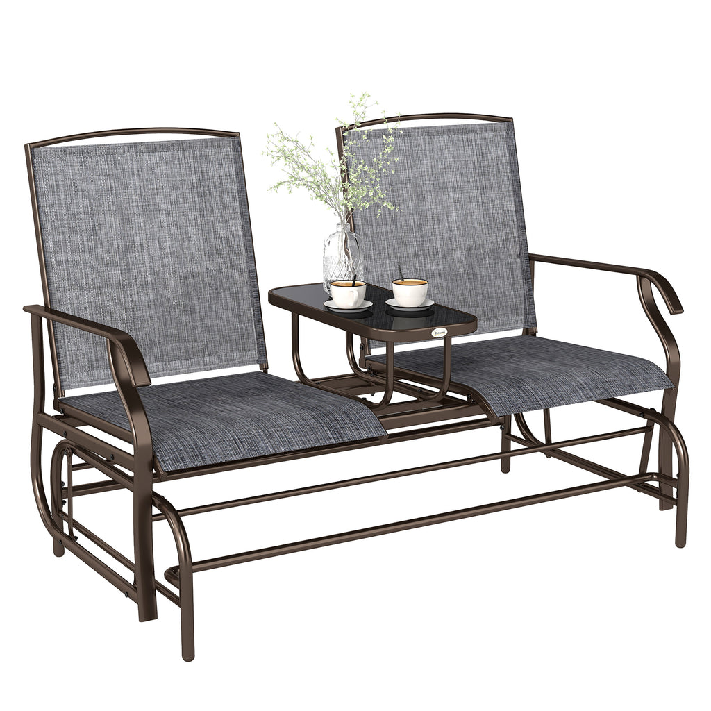 2-Seat Outdoor Glider Swing, Center Coffee Table and Independent Chairs, Supports Up to 352 lbs., Loveseat with Breathable Sling for Backyard, Garden, and Porch, Brown