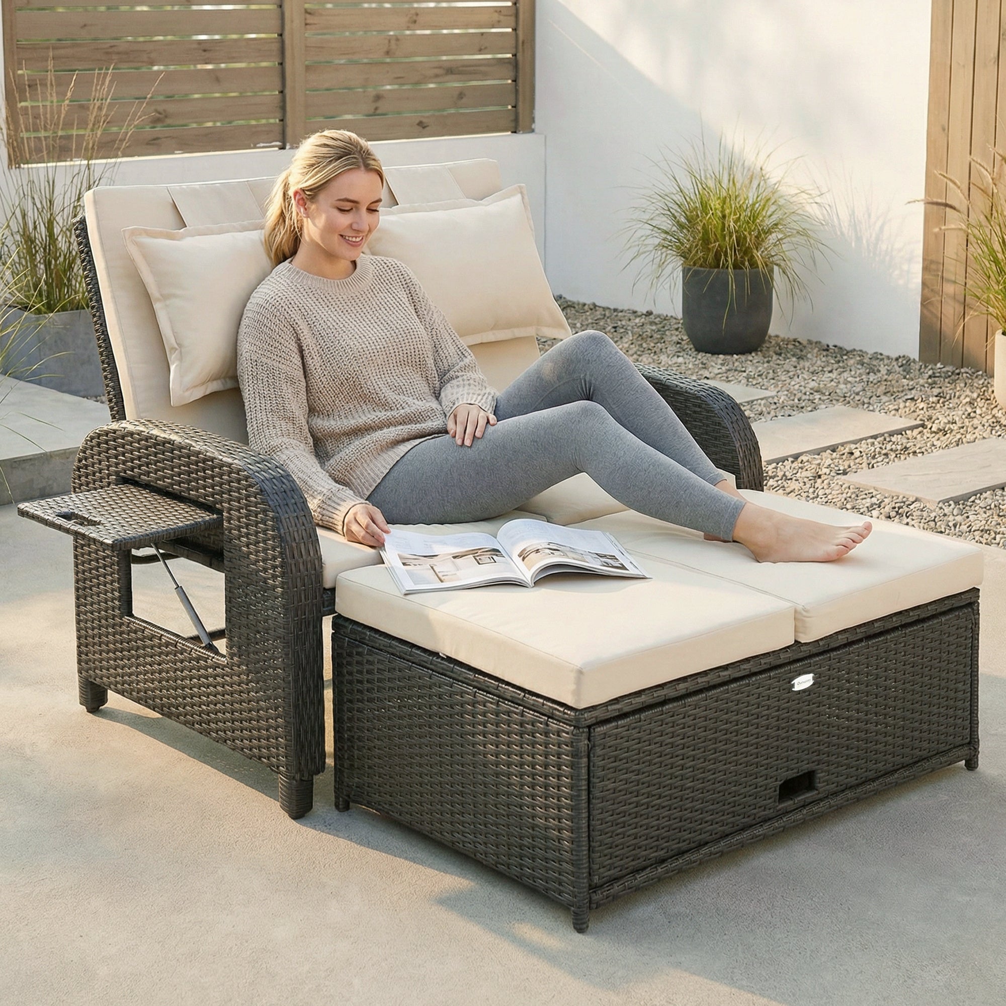 Patio Rattan Daybed, Wicker Outdoor Daybed with Storage Ottoman, Loveseat w/ Adjustable Backrest, Beige