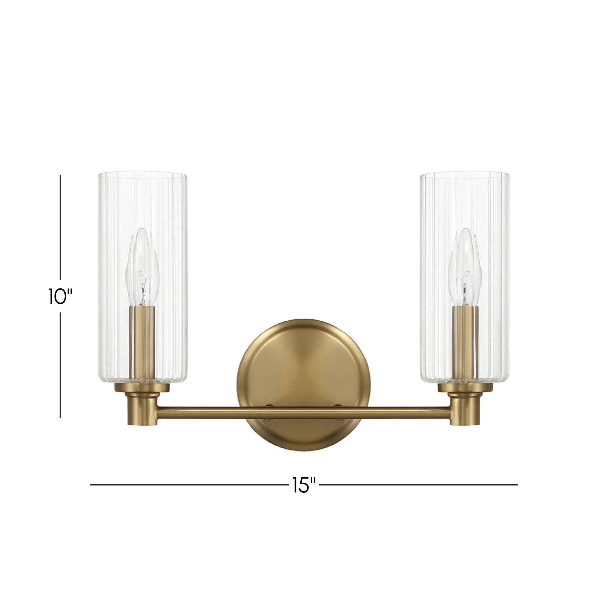 Regal Double Light Vanity with Clear Ribbed Glass, Satin Brass Finish, 15" L x 5" W x 10" H, Antique Brass+Clear